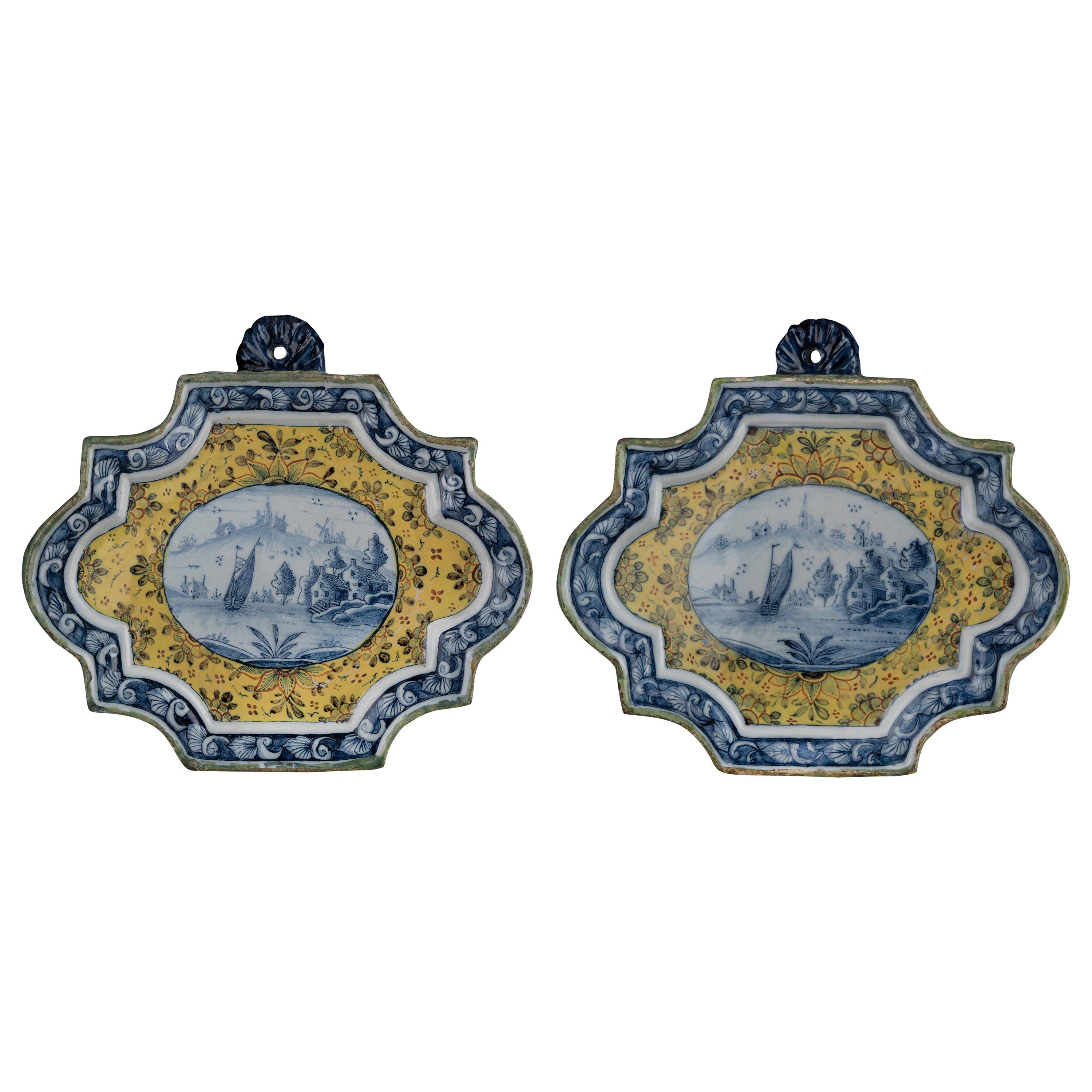 Delft Two polychrome plaques with landscapes  1750-1770  For Sale