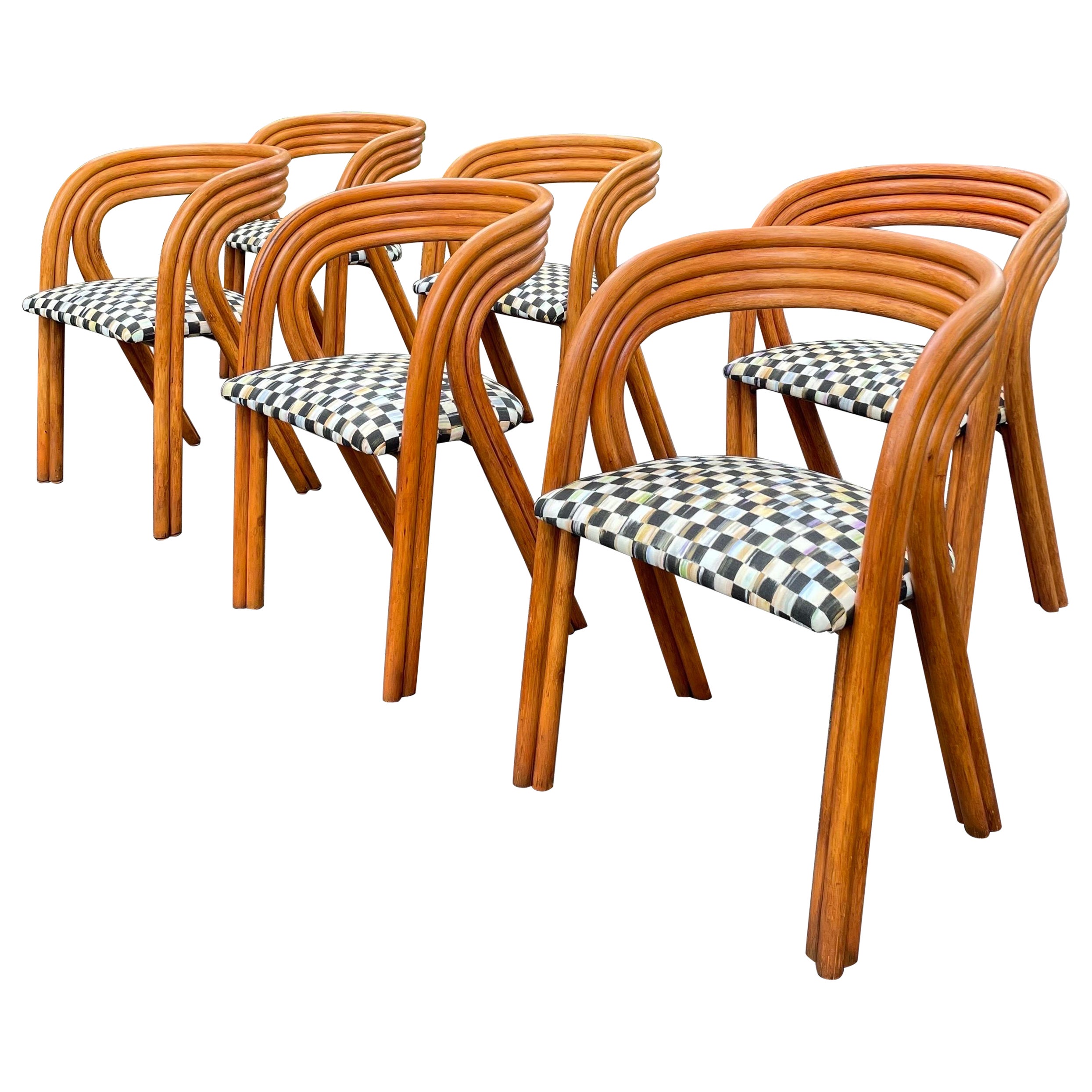 1970s Axel Enthoven Rattan Dining Chairs With Mackenzie Childs Fabric-Set of Six For Sale