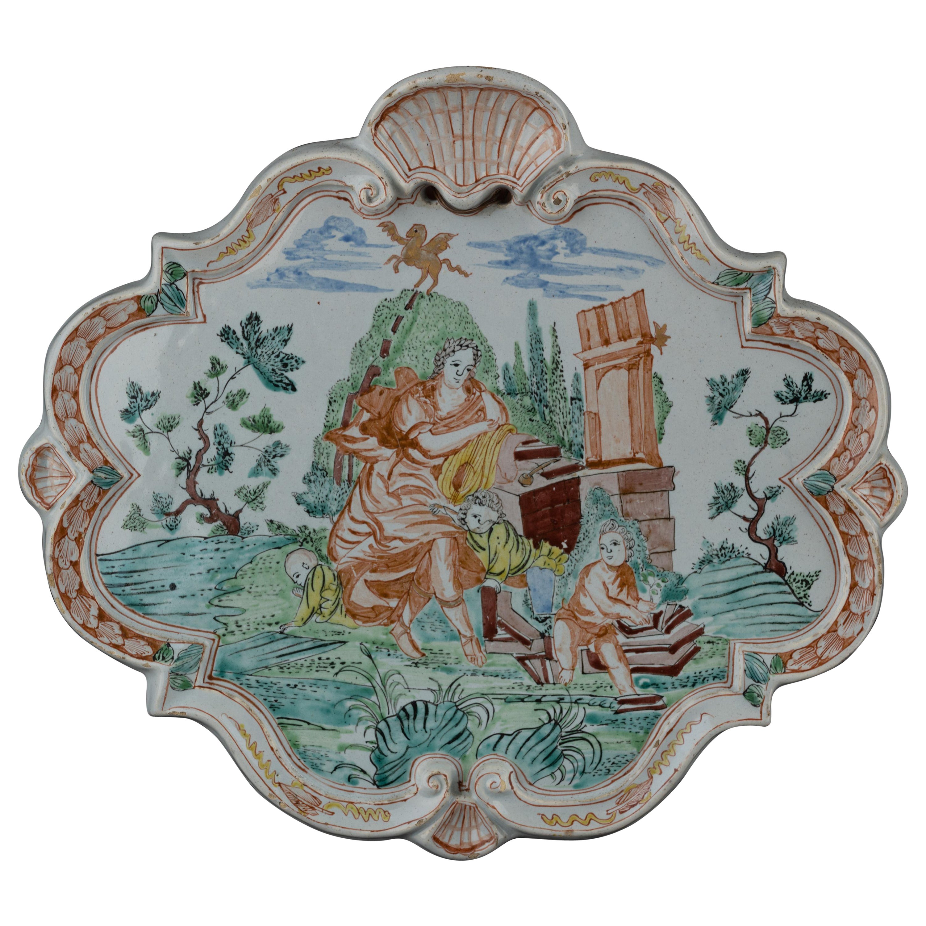 Delft Polychrome plaque with an allegorical depiction 1730-1750  For Sale
