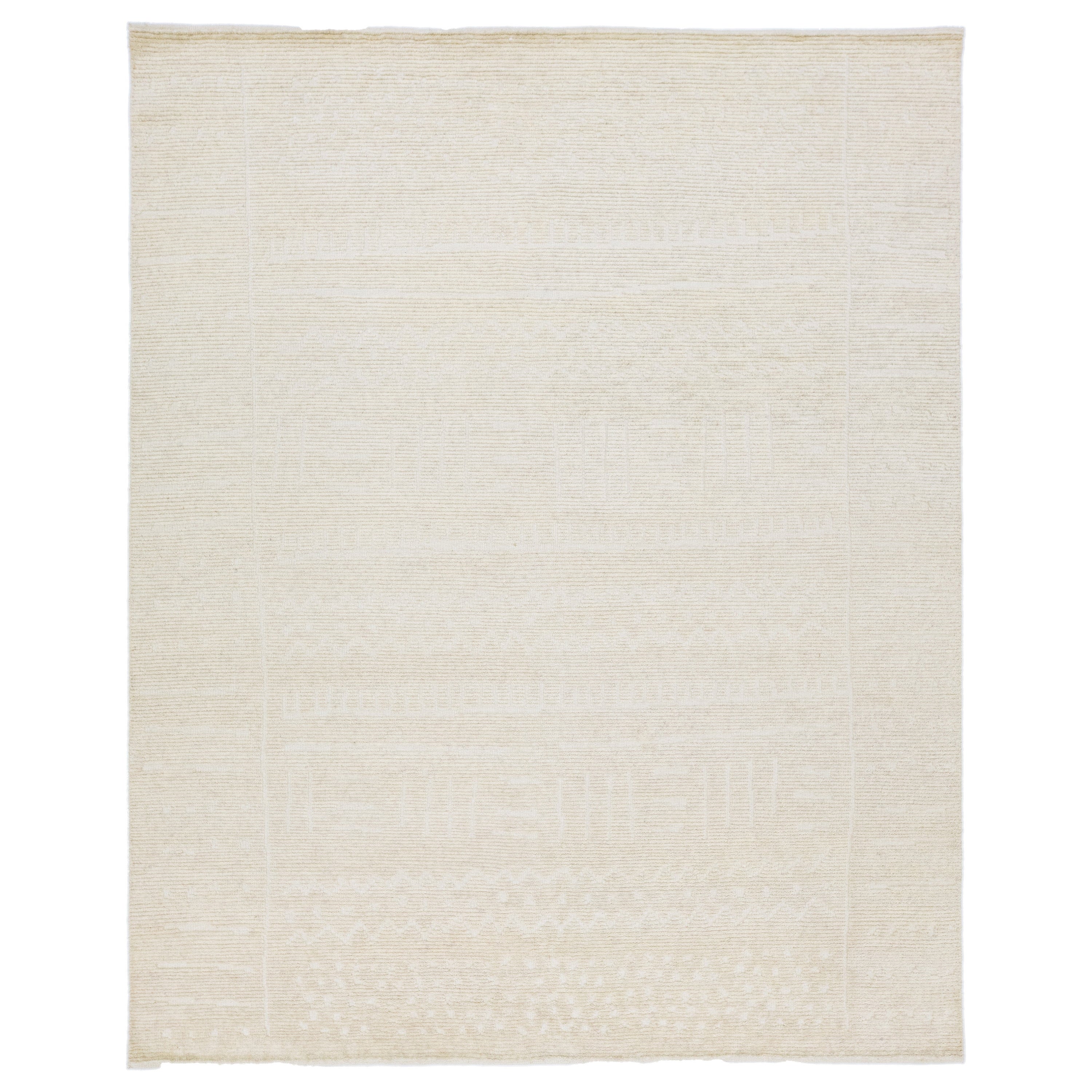 Natural Beige Moroccan Style Modern Wool Rug With Tribal Motif For Sale