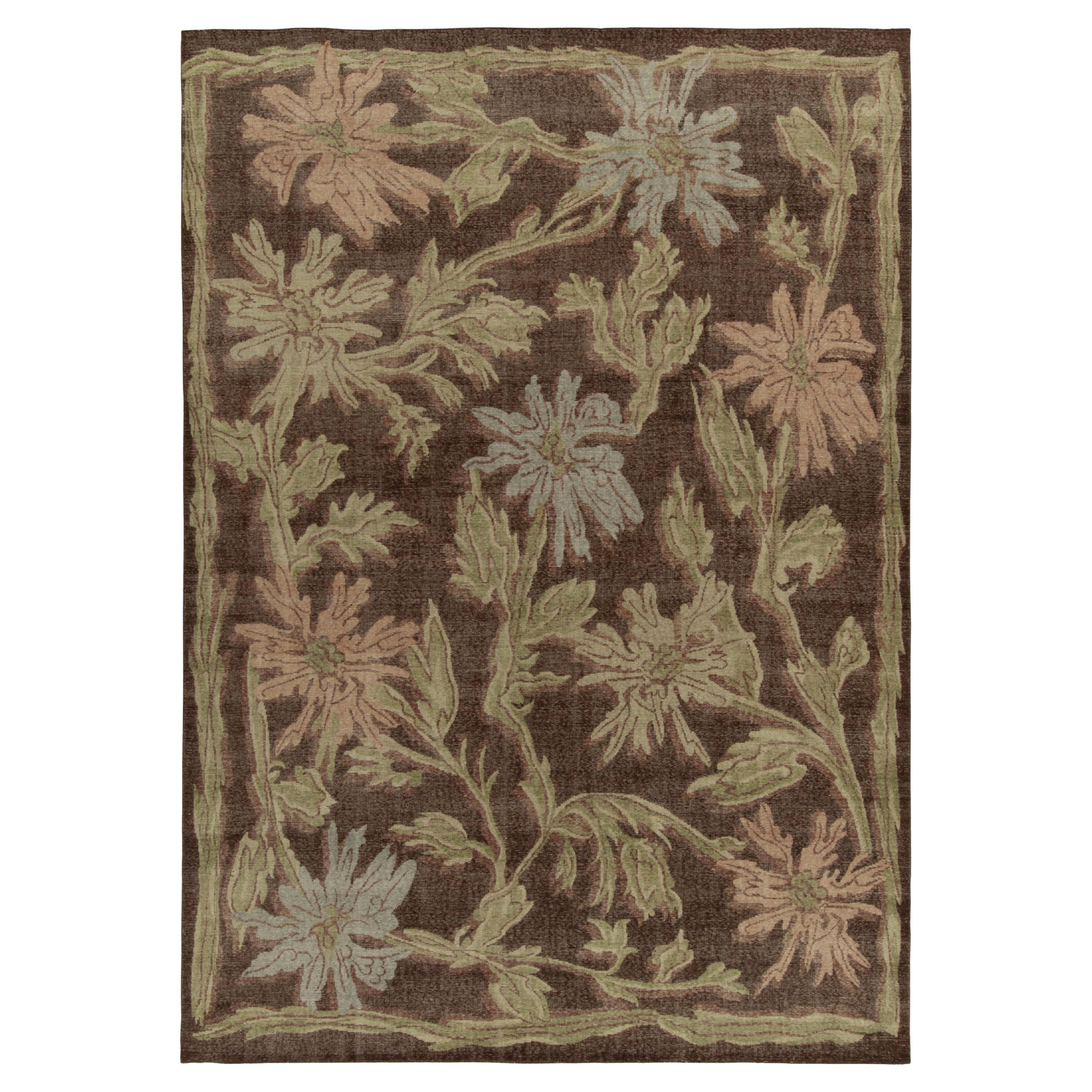Rug & Kilim’s Distressed Style Rug in Brown and Green Floral Patterns For Sale