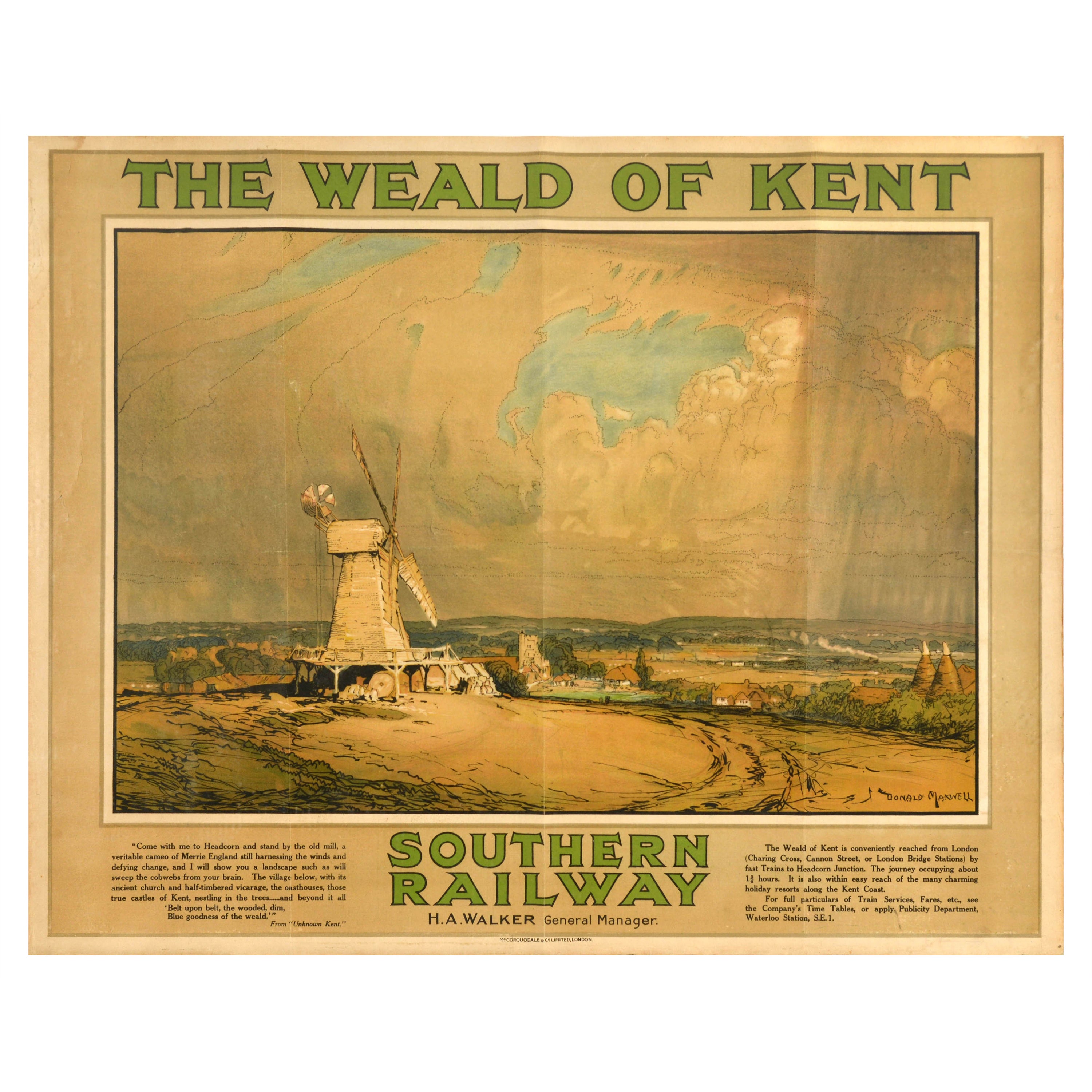 Original Antique Travel Poster Weald Of Kent Southern Railway Donald Maxwell Art For Sale