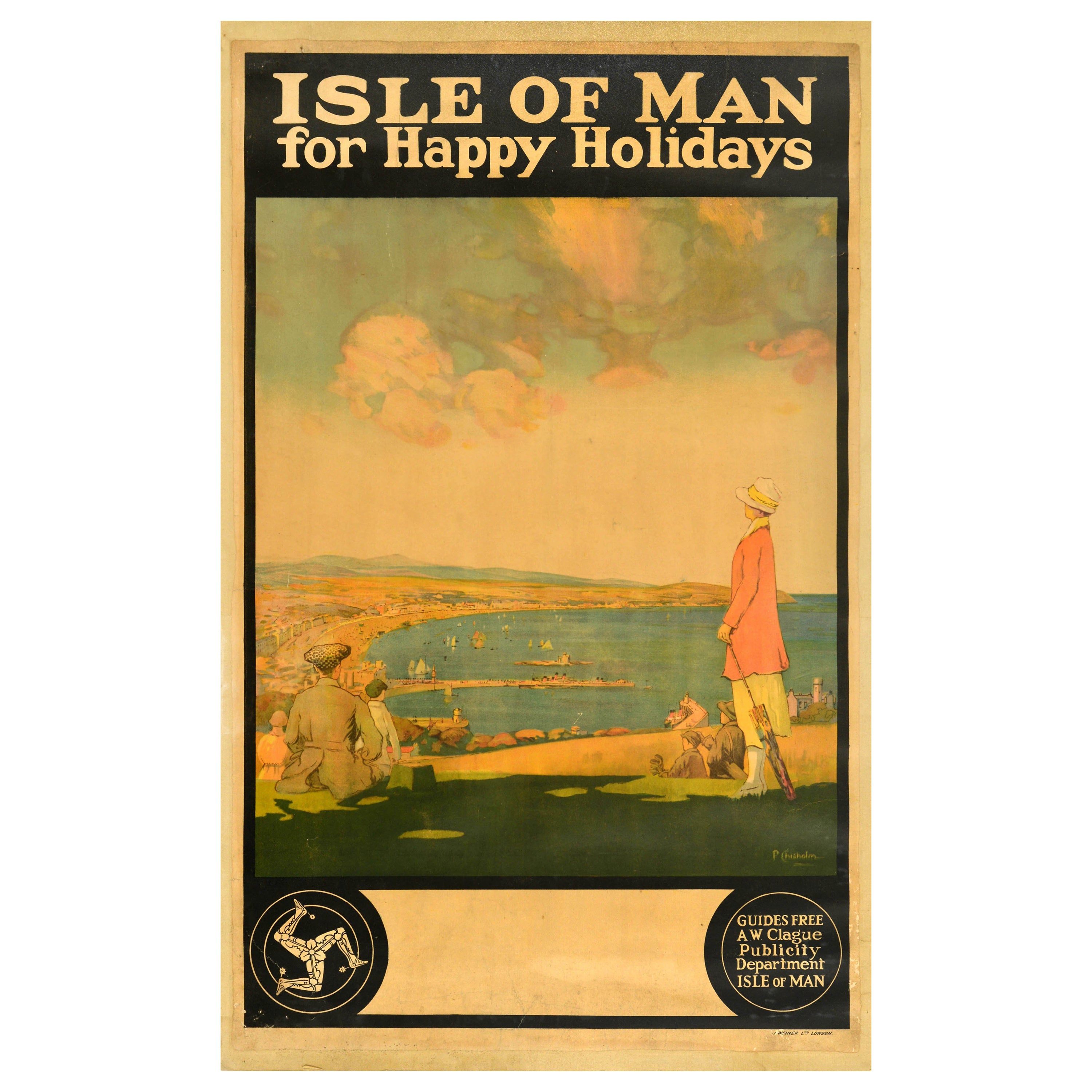 Póster de viaje original de época Isla de Man Para Felices Fiestas Golf Bahía de Douglas