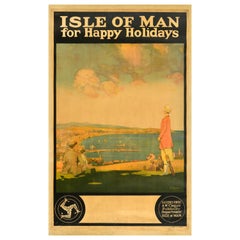 Affiche de voyage vintage d'origine « Isle Of Man For Happy Holidays » avec golf de Douglas Bay