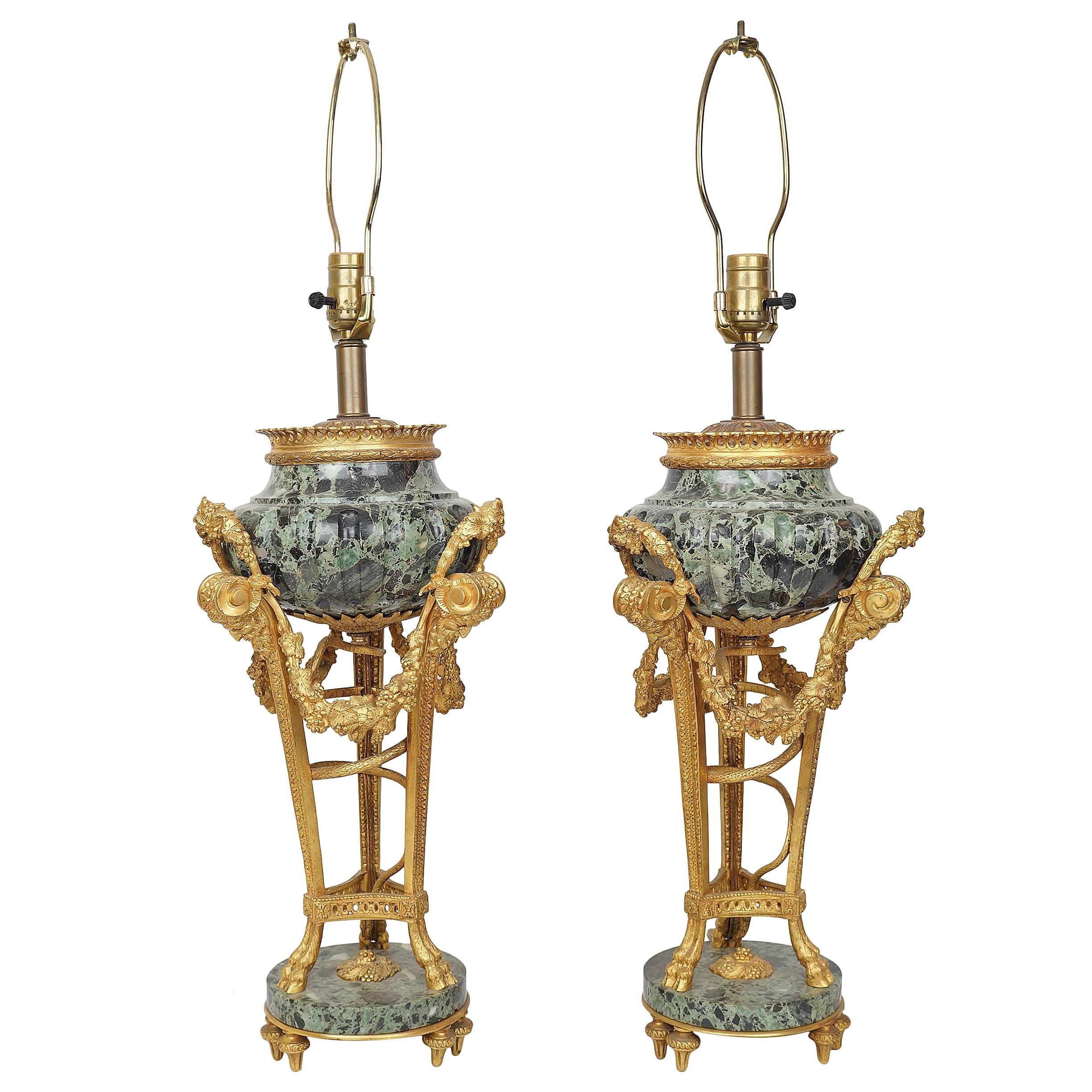 Pair of French Louis XVI Style Gilt Bronze and Marble Figural Table Lamps