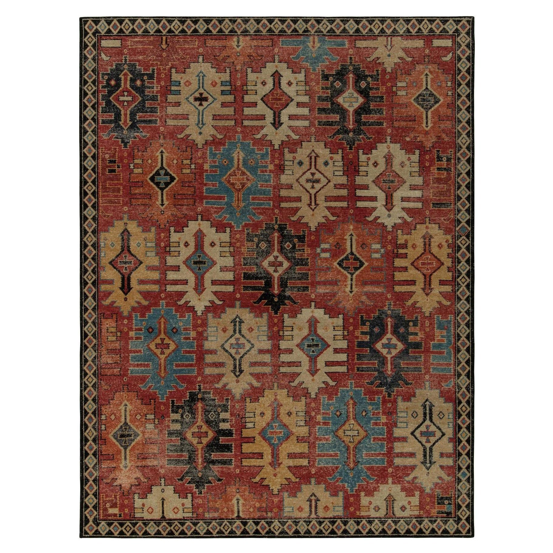Rug & Kilim's Distressed Style Rug in Red, Black, Beige, Gold Tribal Patterns (tapis à motifs tribaux)