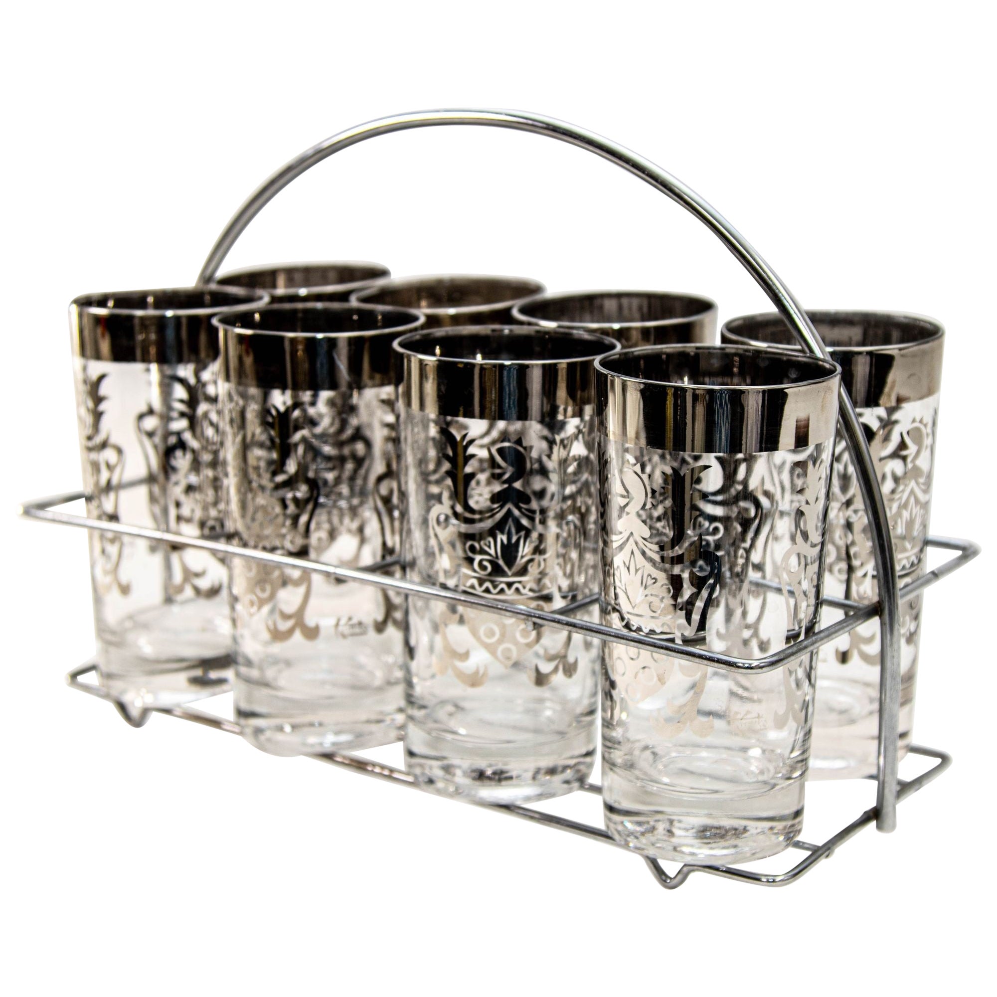Vintage Kimiko Signed Silver High Ball Glasses Set of 8 with Carrying Caddy 60's For Sale