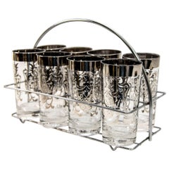 Vintage Kimiko Signed Silver High Ball Glasses Set of 8 with Carrying Caddy 60's