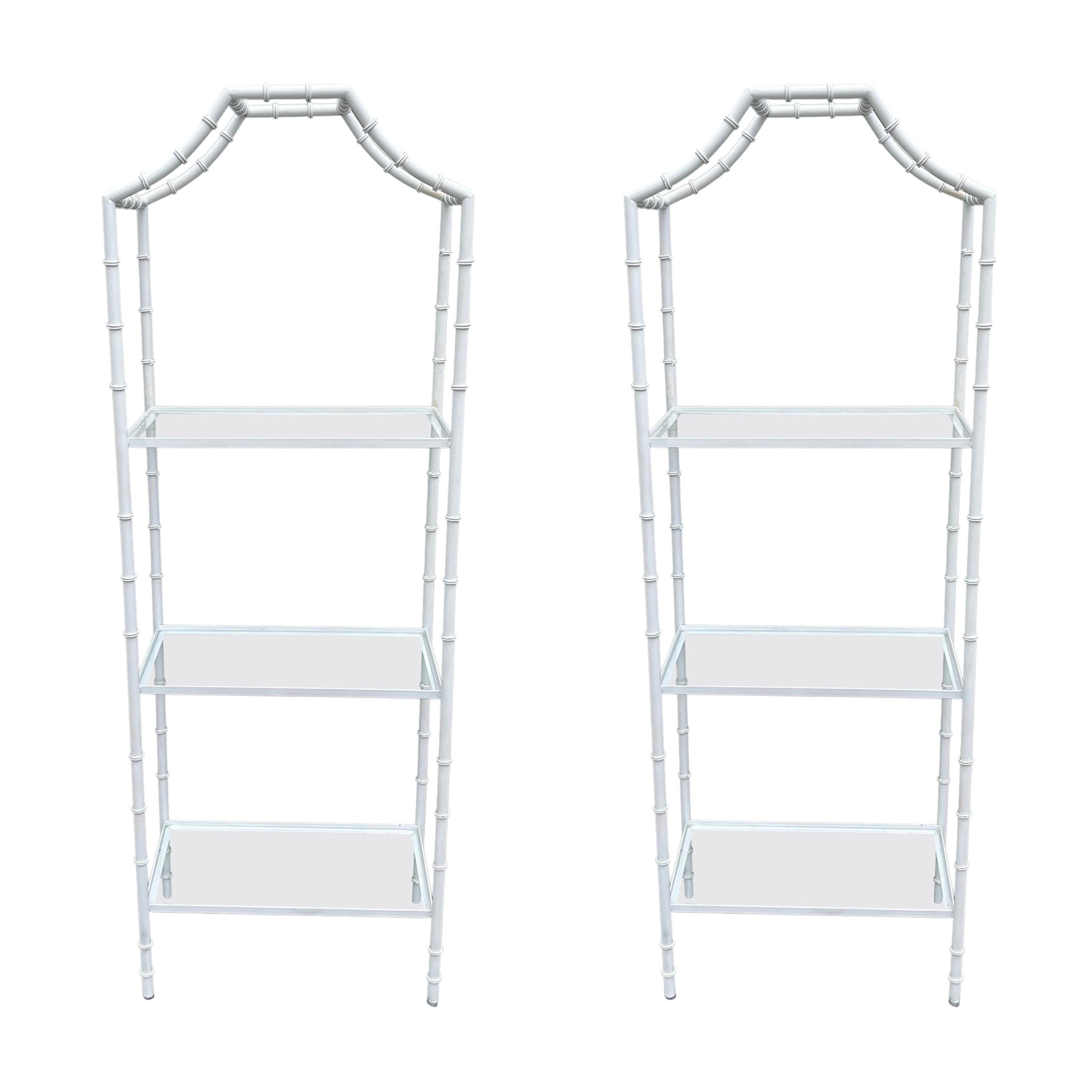 Wonderful Pair Chinoiserie Faux Bamboo Arch Shape Glass Etagere Bookshelf For Sale