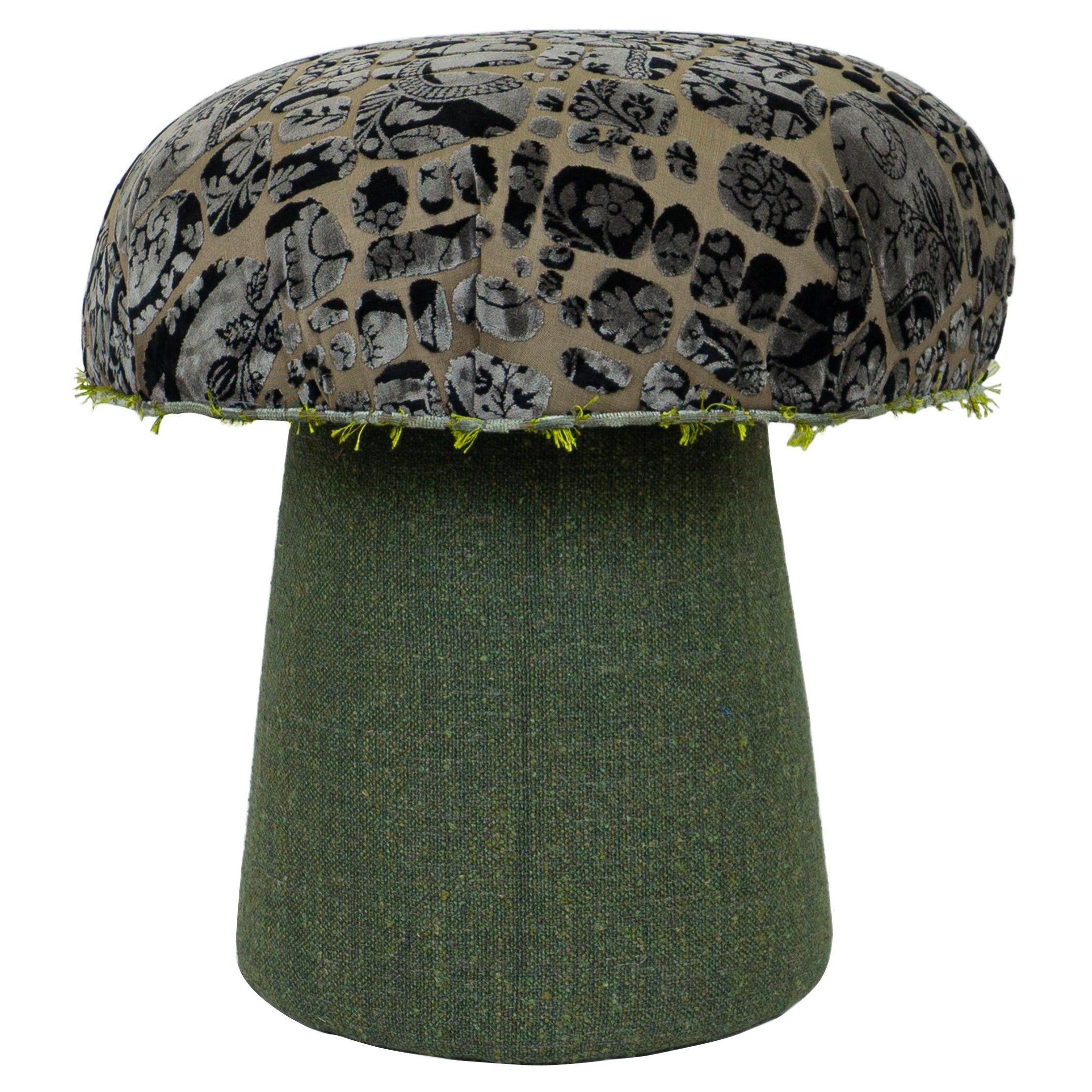 Circular Cut Velvet Green Linen Mushroom Ottoman For Sale