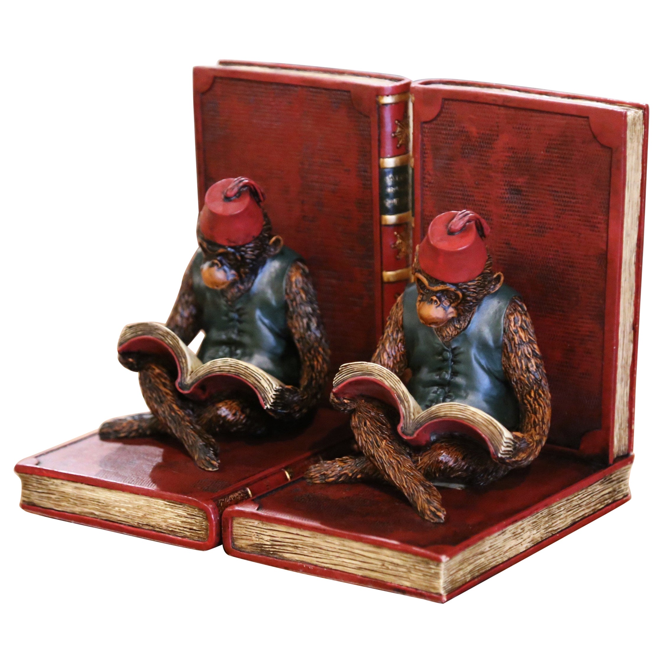 Pair of Mid-Century Reading Shriner Monkey Sculpture Bookends For Sale