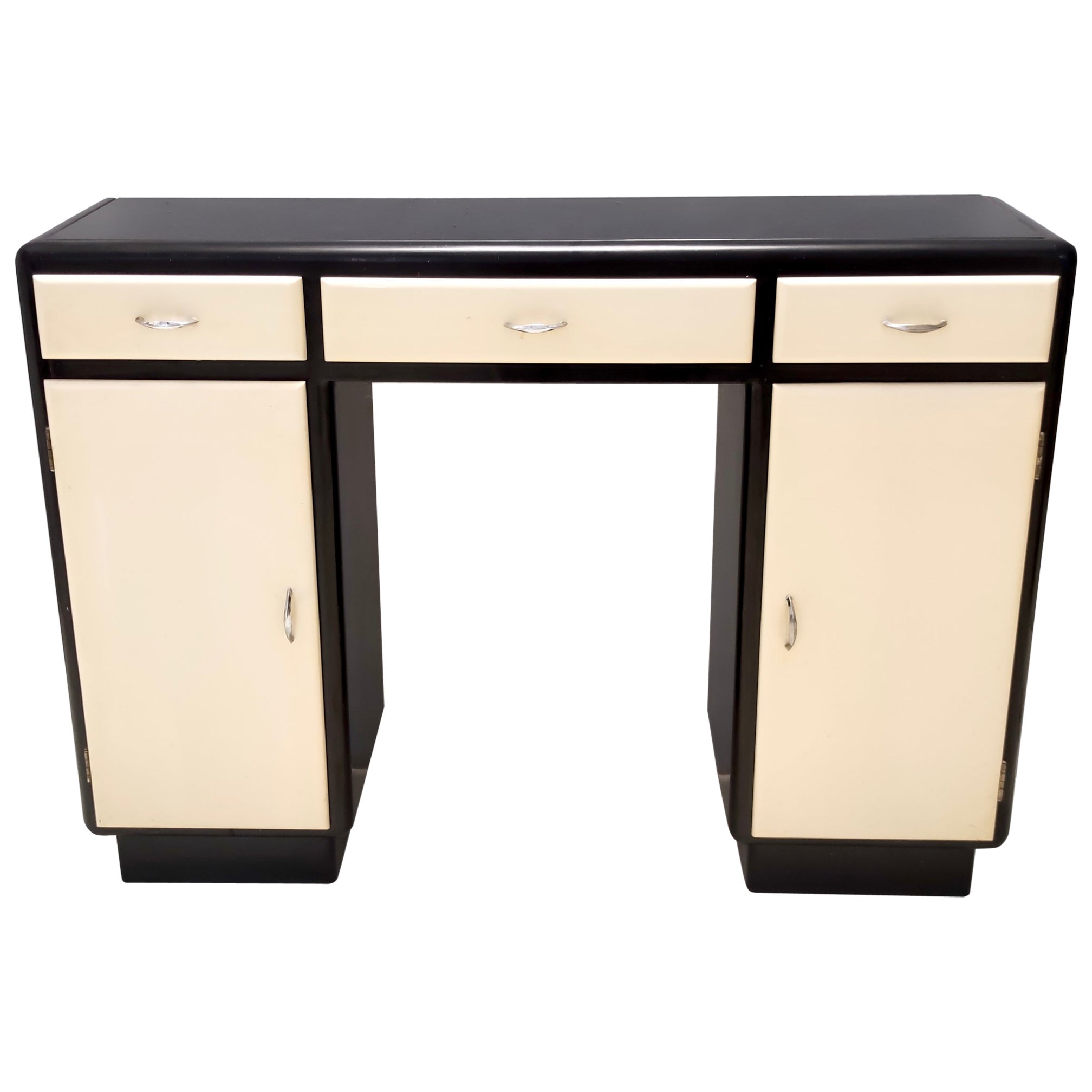 Rationalist Black and Ivory Entryway Console Table with Black Glass Top, Italy For Sale