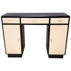 Rationalist Black and Ivory Entryway Console Table with Black Glass Top, Italy