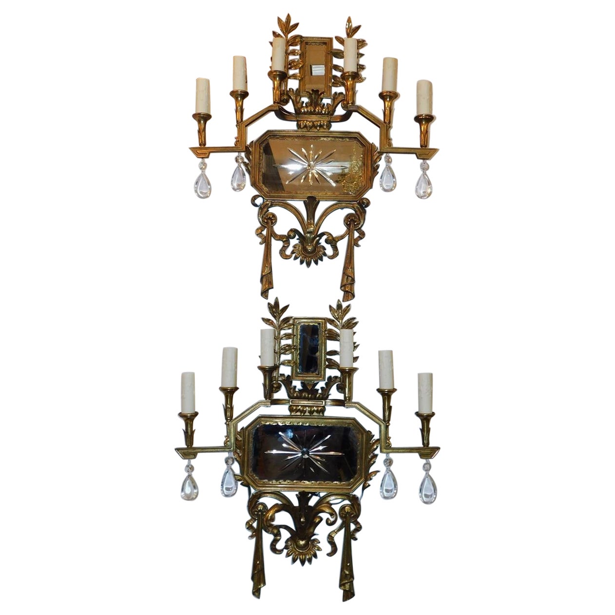 Pair of American Gilt Bronze & Star Mirrored Wall Sconces, Caldwell & Co. C 1870 For Sale
