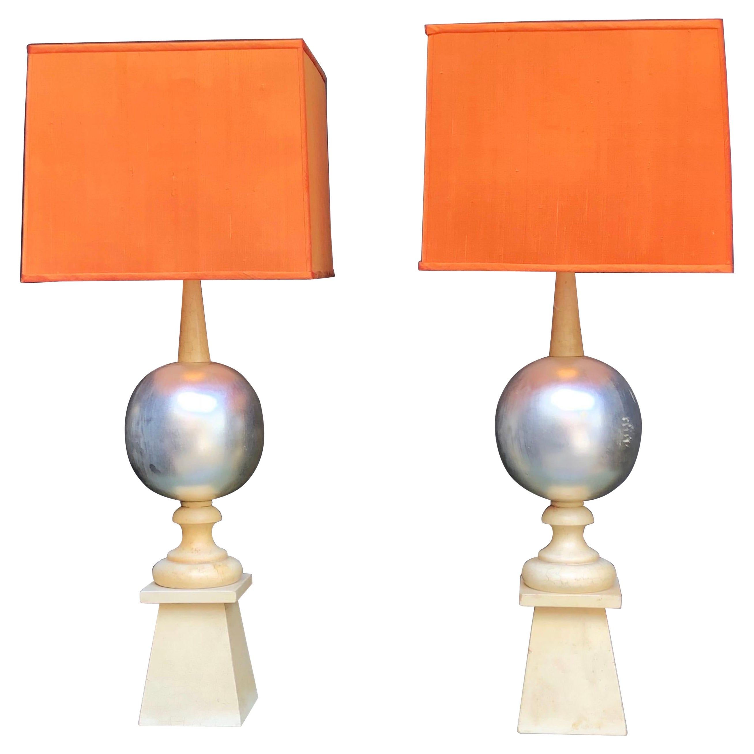 Mid-Century Cream Lacquered & Silver Leafed Pair of Spire Lamps By James Mont   For Sale