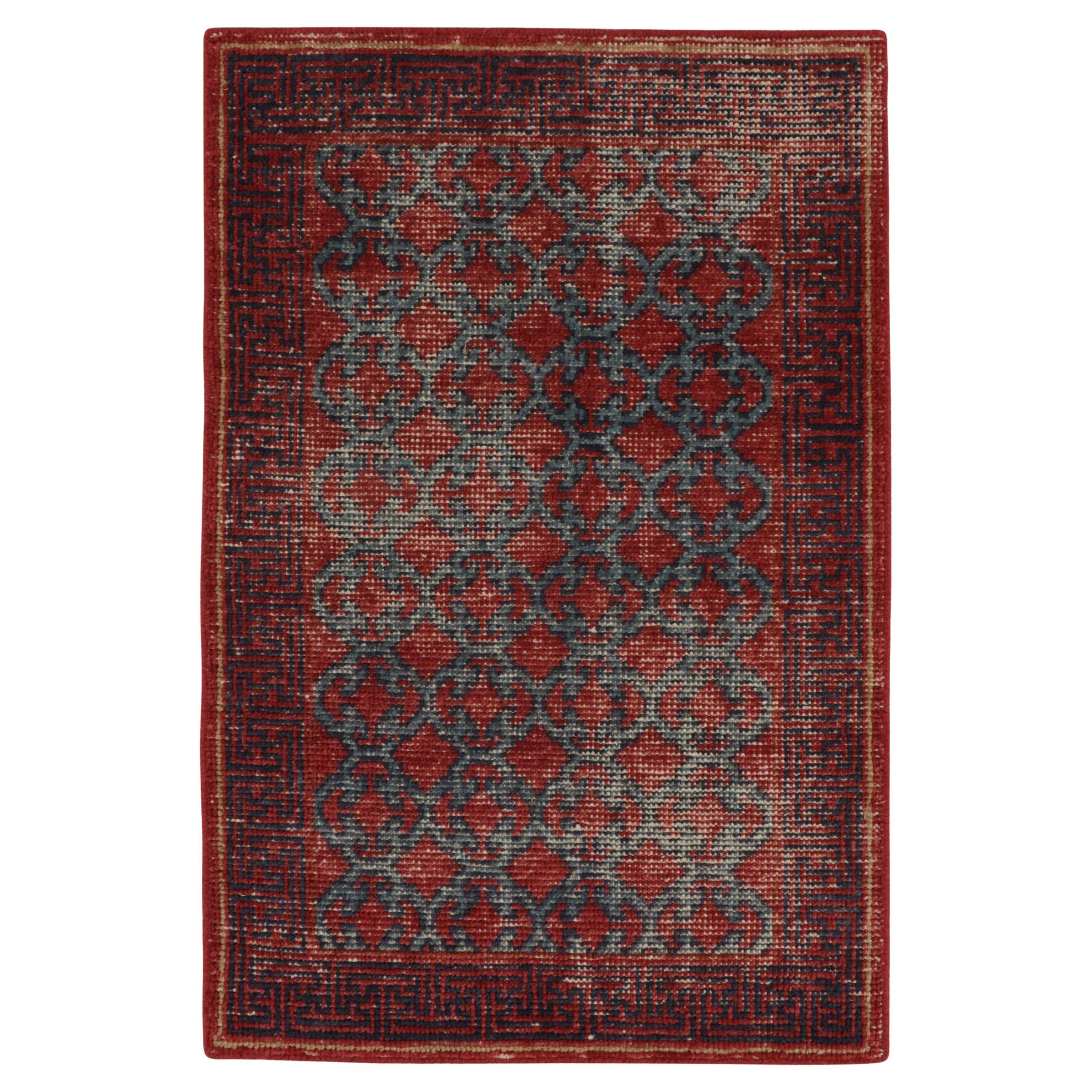 Rug & Kilim’s Distressed Khotan Style Rug in Red & Blue Trellis Pattern For Sale