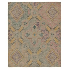 Rug & Kilim’s Distressed Style Rug in Blue, Pink, Gold Trellises