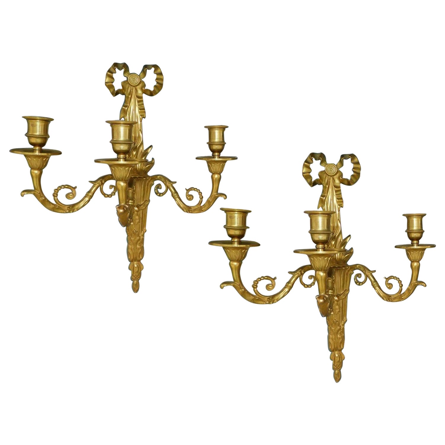 Pair of French Gilt Bronze Ribbon & Foliage Three Arm Wall Sconces, Circa 1820 For Sale