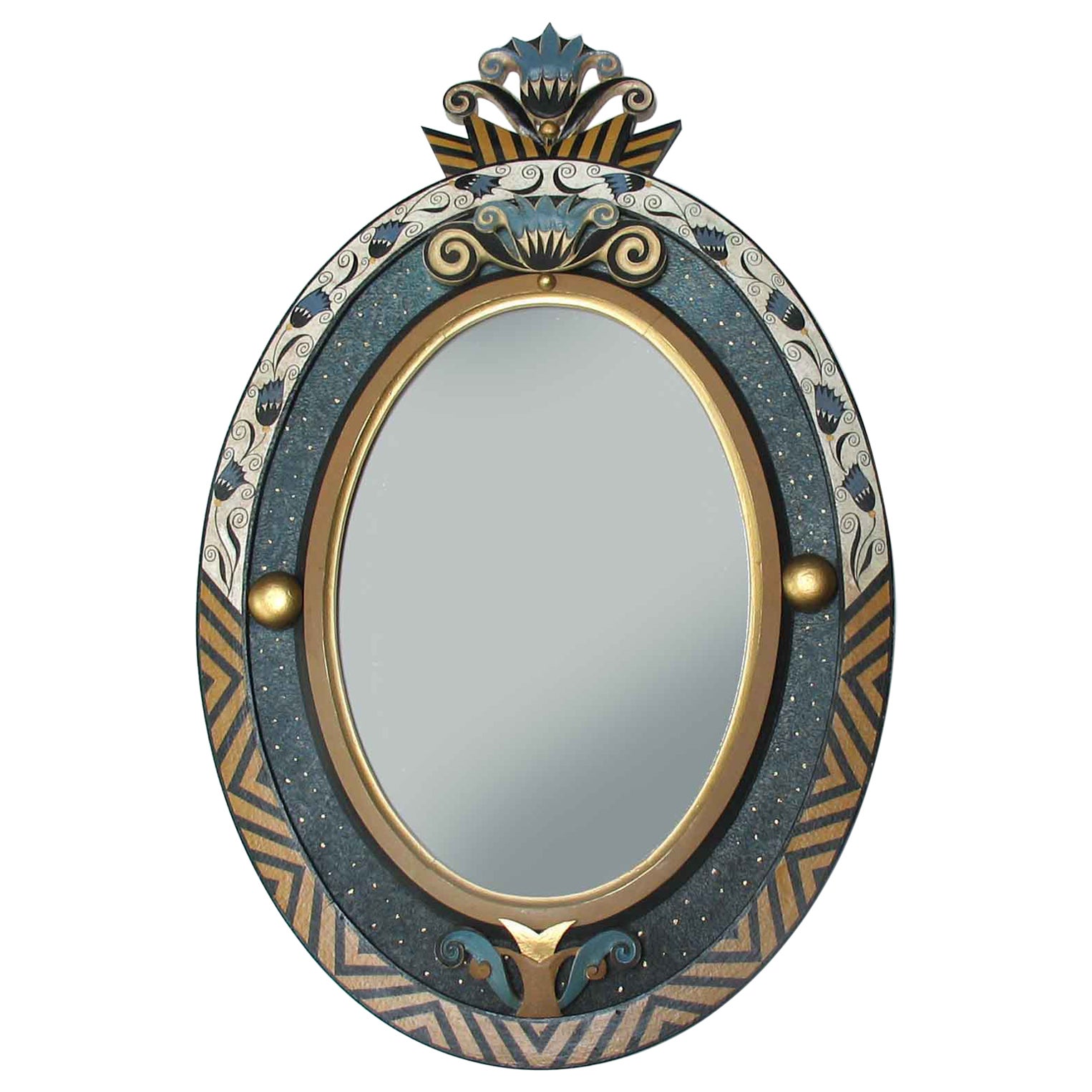 Carved Polychrome & Parcel Gilt Oval Mirror in Wiener Werkstatte Style  For Sale