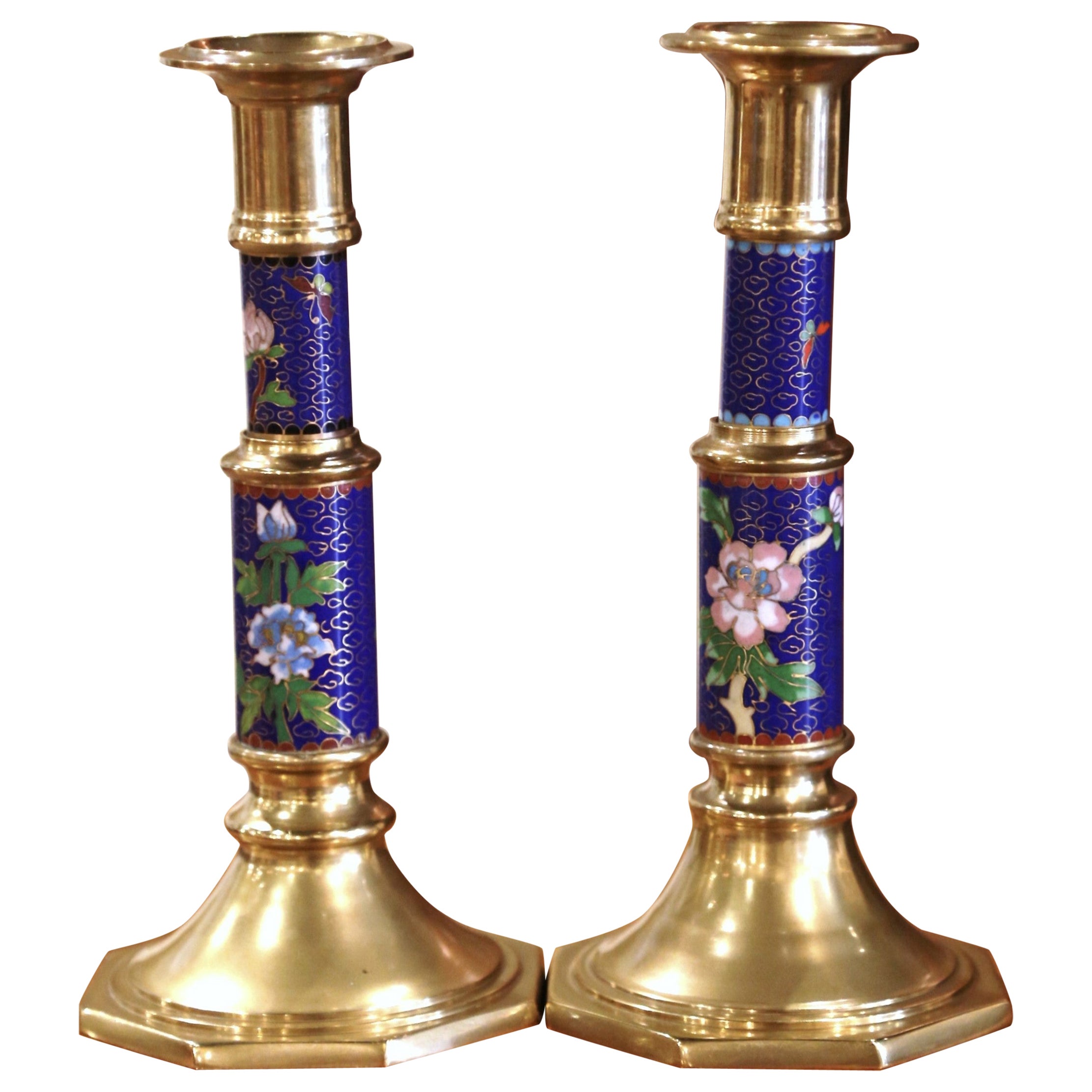 Pair of Vintage Brass Champleve Candle Holders with Floral & Leaf Motifs For Sale