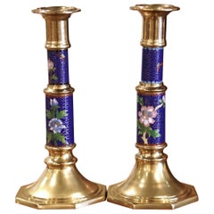 Pair of Retro Brass Champleve Candle Holders with Floral & Leaf Motifs