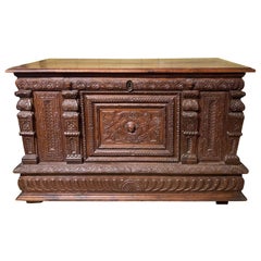 Large Carved Oak Coffer or Chest, Probably 18th Century