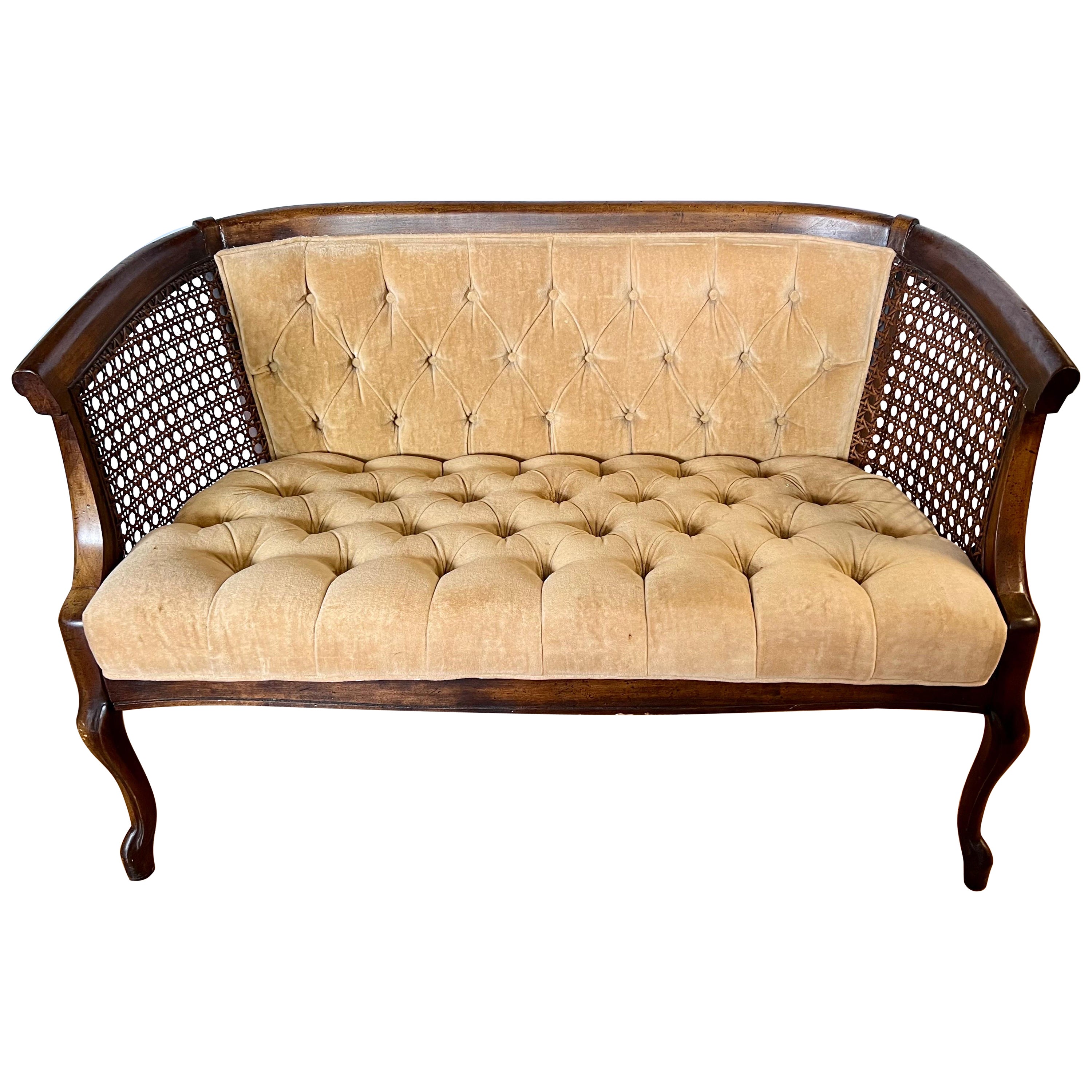 Vintage Caned Tufted Upholstered Settee Loveseat Chesterfield For Sale