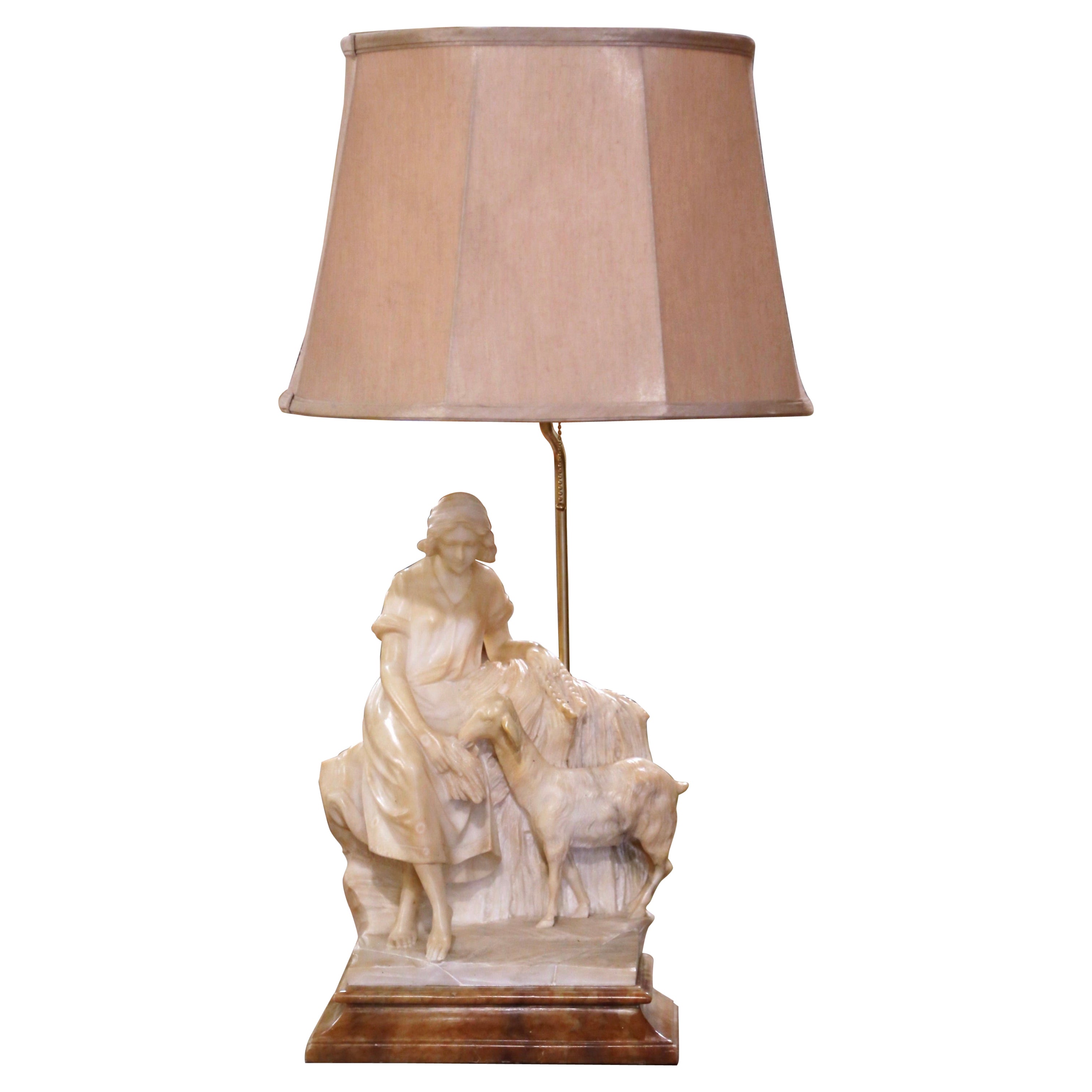  19th-Century Italian Carved Alabaster Lamp on Marble Base Signed R. Colivicchi
