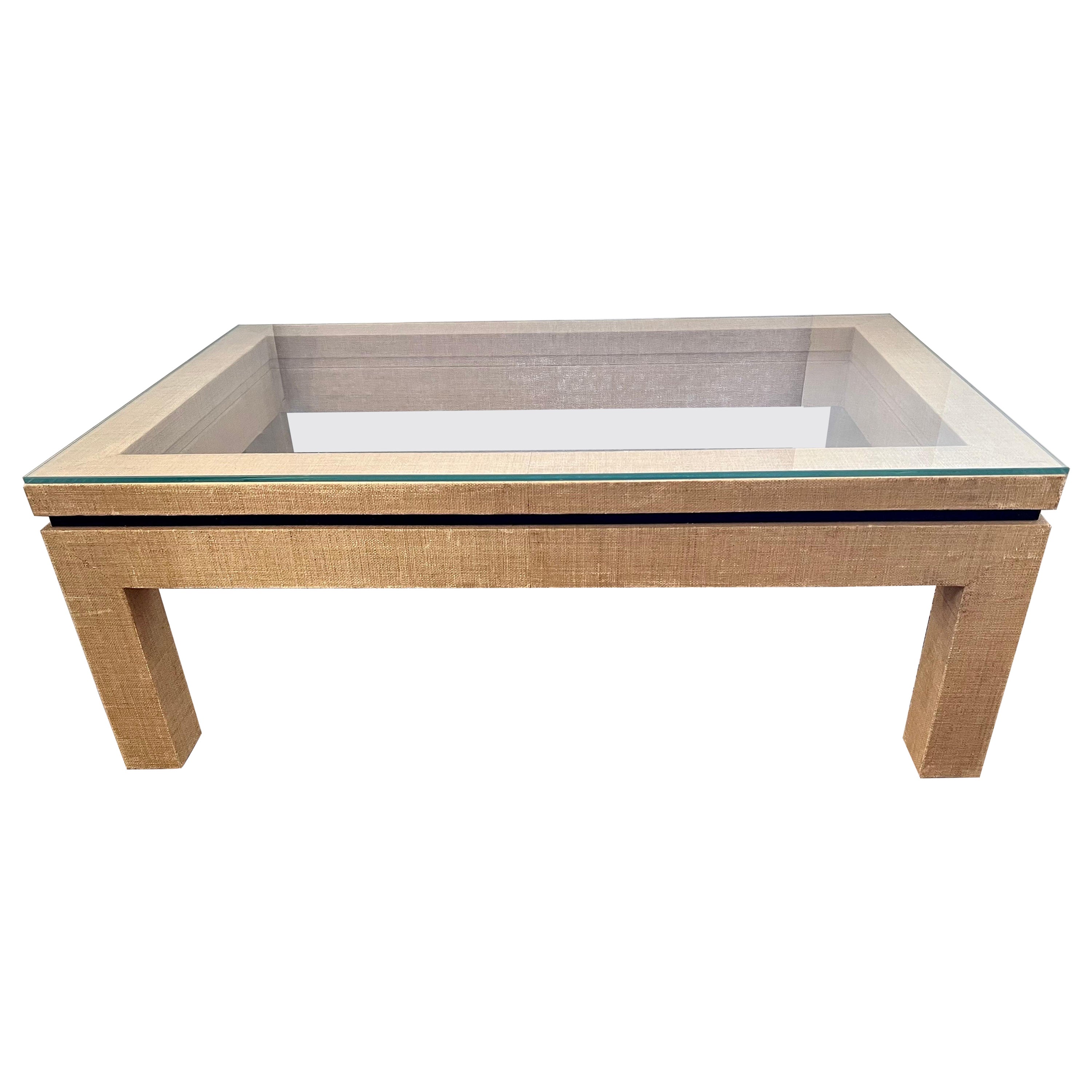 Barclay Butera Raffia Covered Glass Top Cocktail Coffee Table For Sale