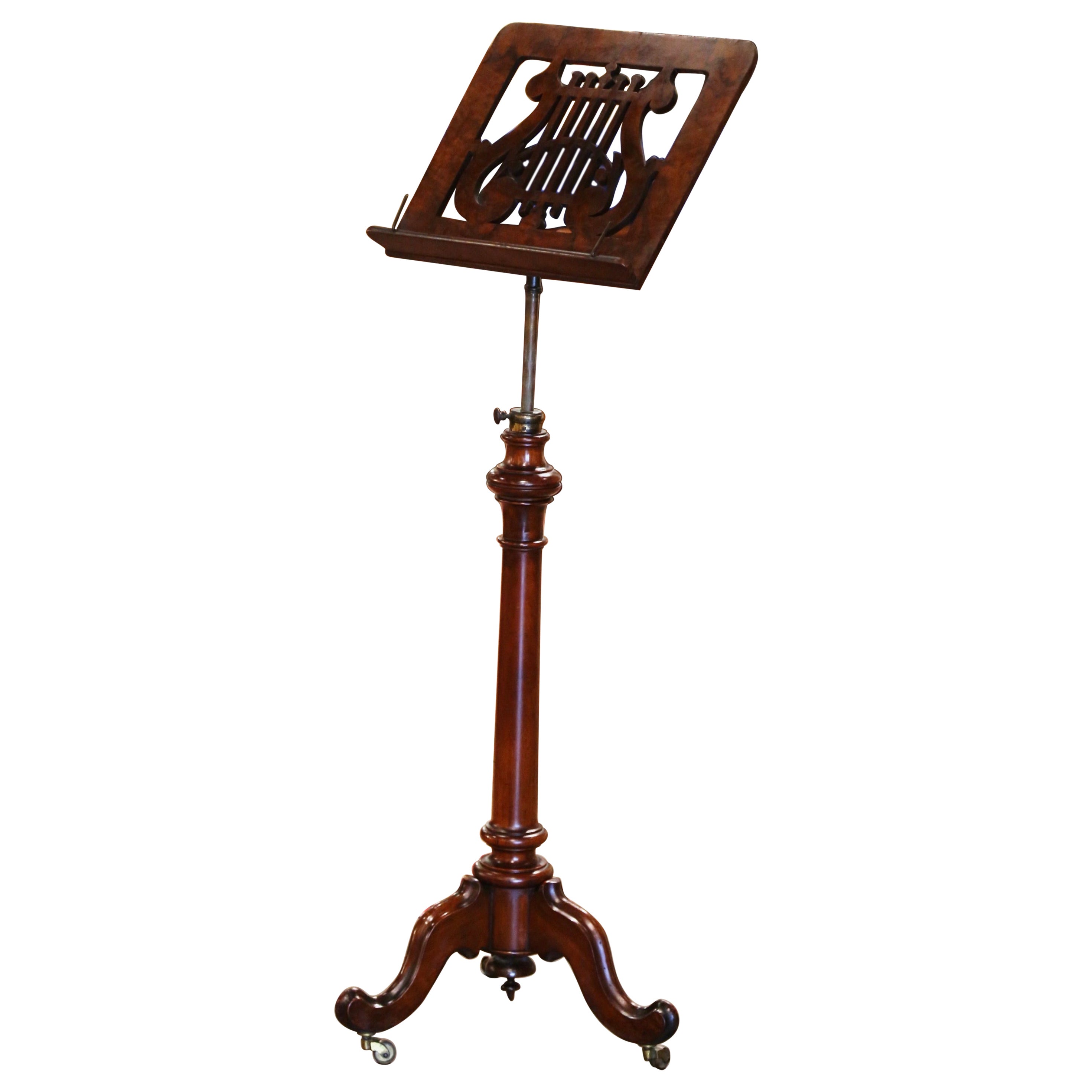 19th-Century English Mahogany Music Stand on Wheels with Pierced Lyre Motif