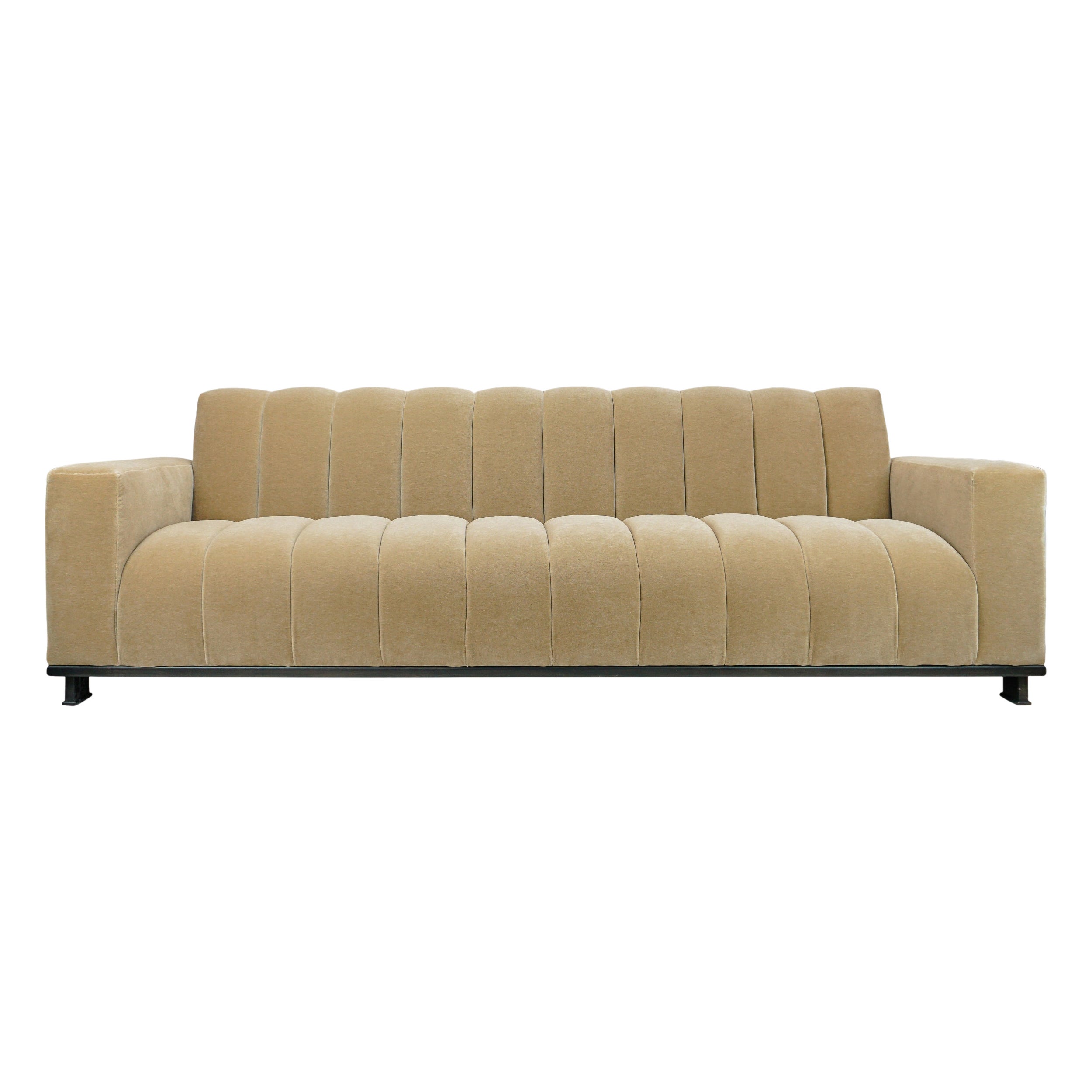 Thick Channeled Biege Velvet Sofa For Sale