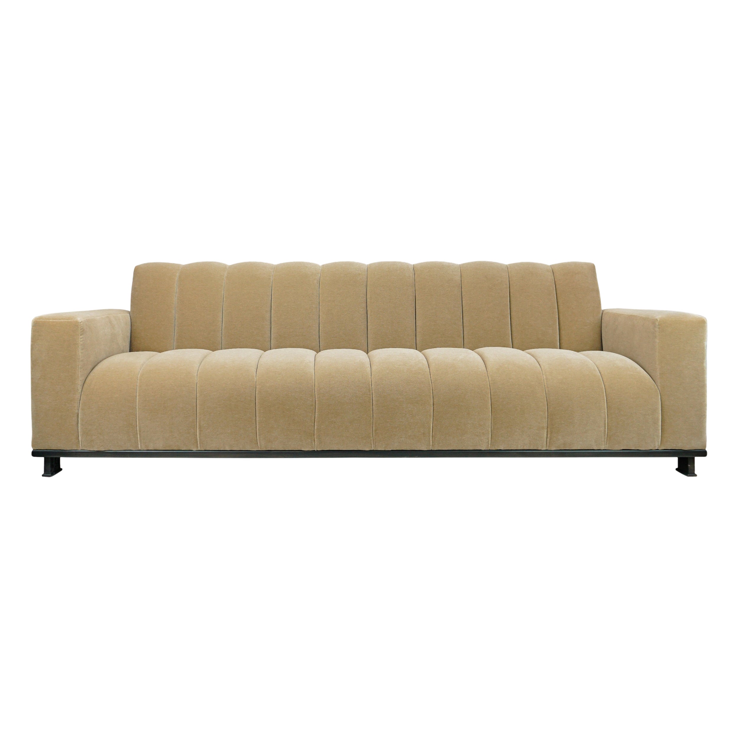 Thick Channeled Biege Velvet Sofa