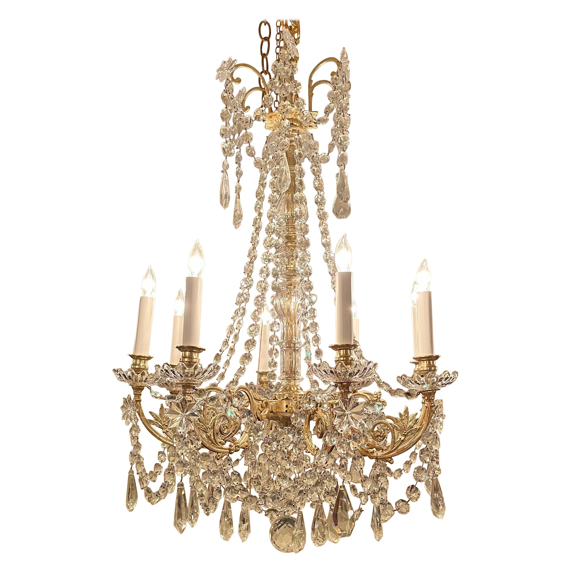 Antique 8-Light Bronze & Crystal Chandelier circa 1890's For Sale