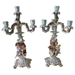 Antique Pair of 19TH Century Meissen Figural Candelabras