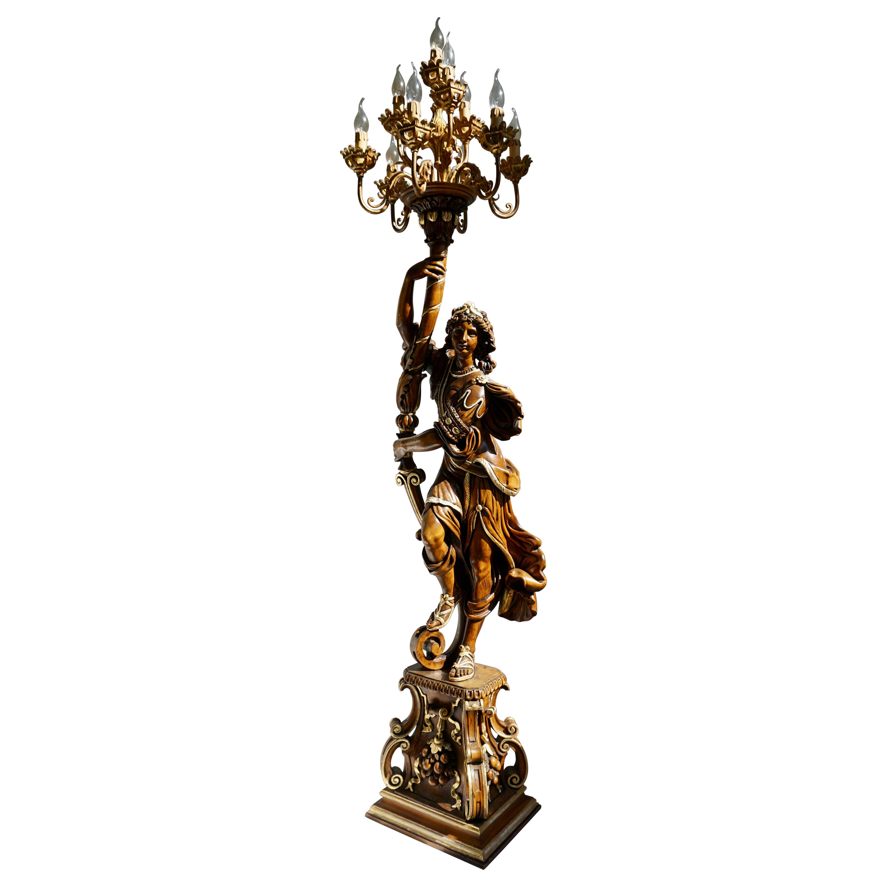 Italian Gilded Wood Venetian Figural Torchère Candelabra Floor Lamp For Sale