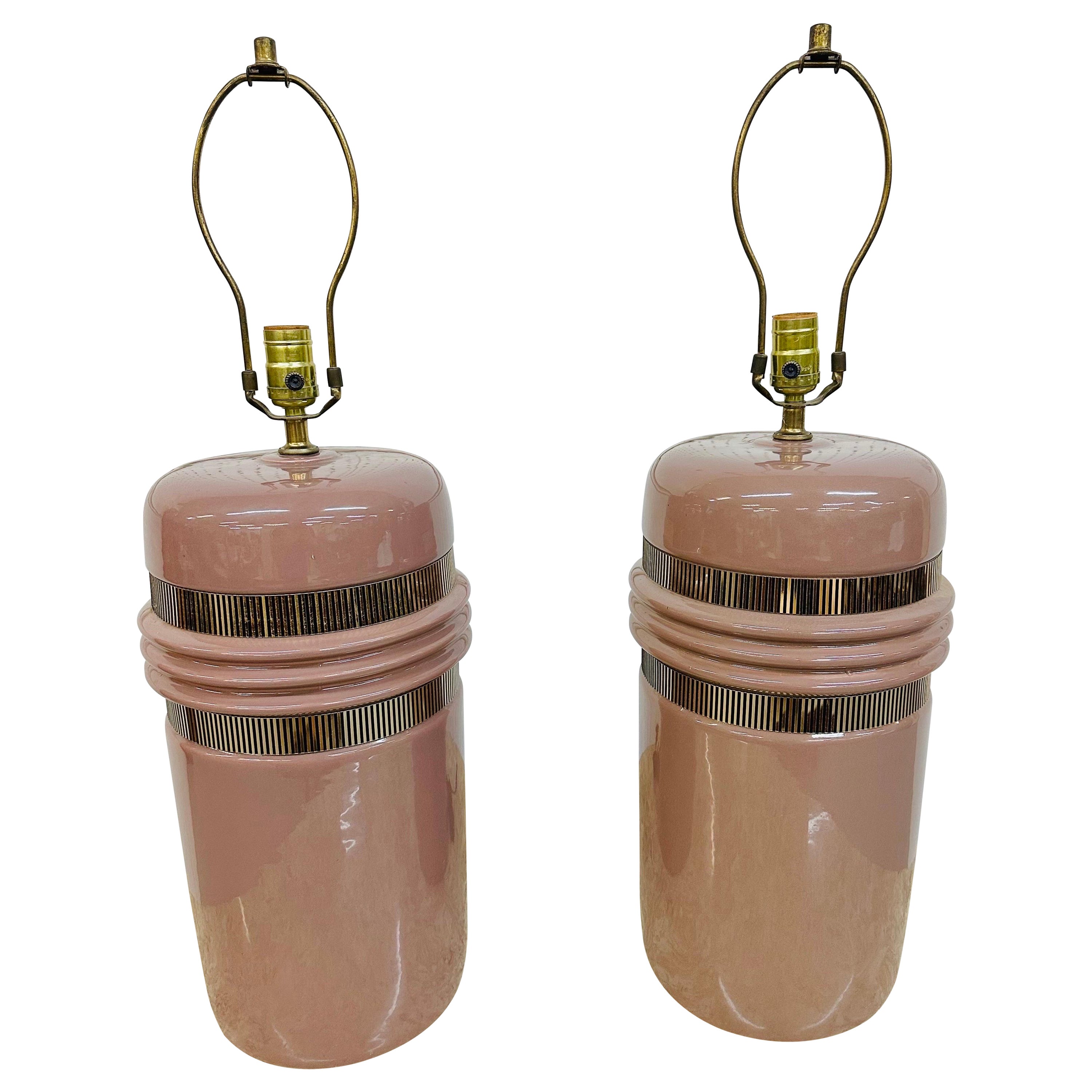Postmodern Pink & Brass Table Lamps - Set of 2 For Sale