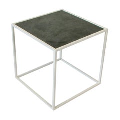 White Square Steel Frame End Table with Slate Top