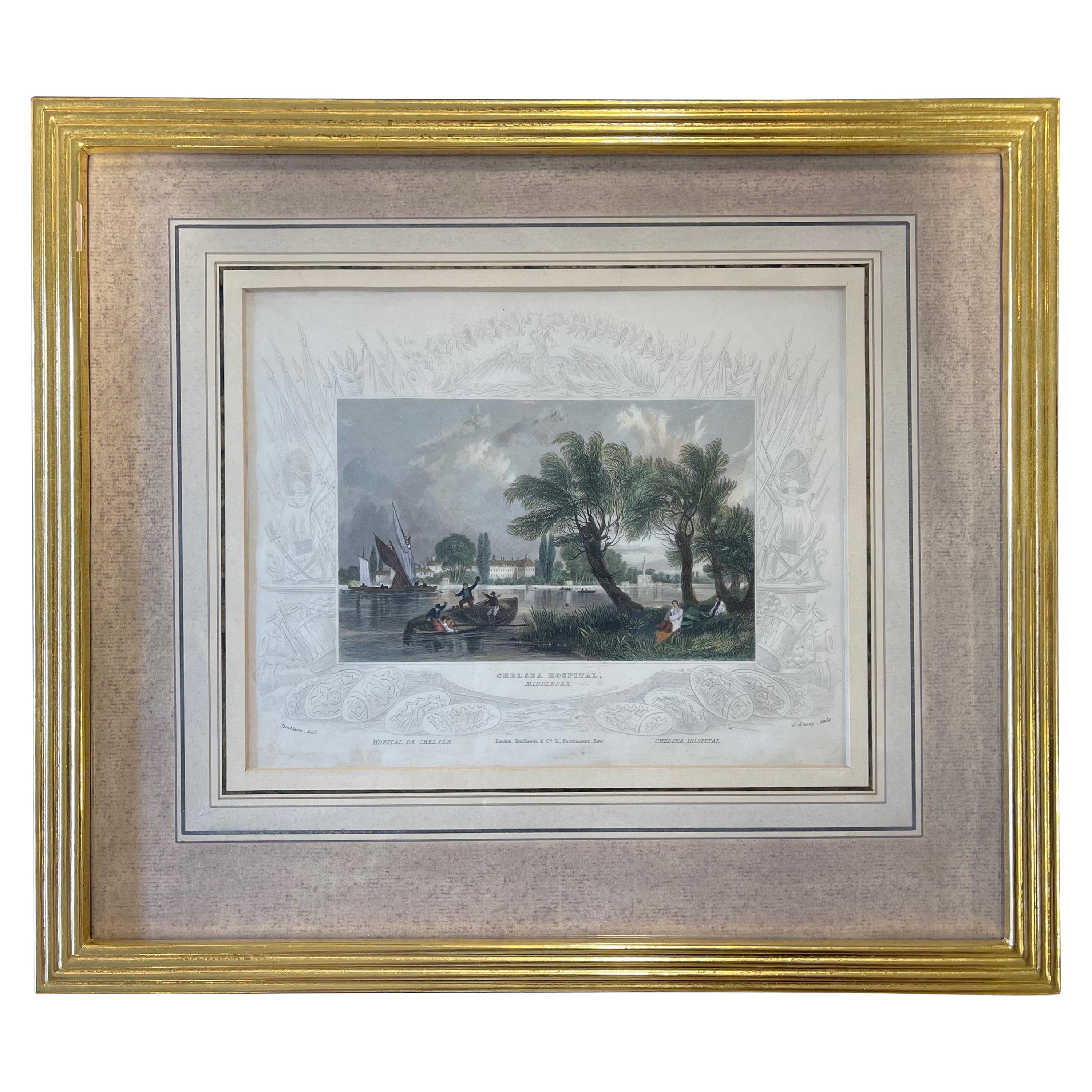 Antique Engraving “Chelsea Hospital, Middlesex” Giltwood Frame Circa 1834 For Sale