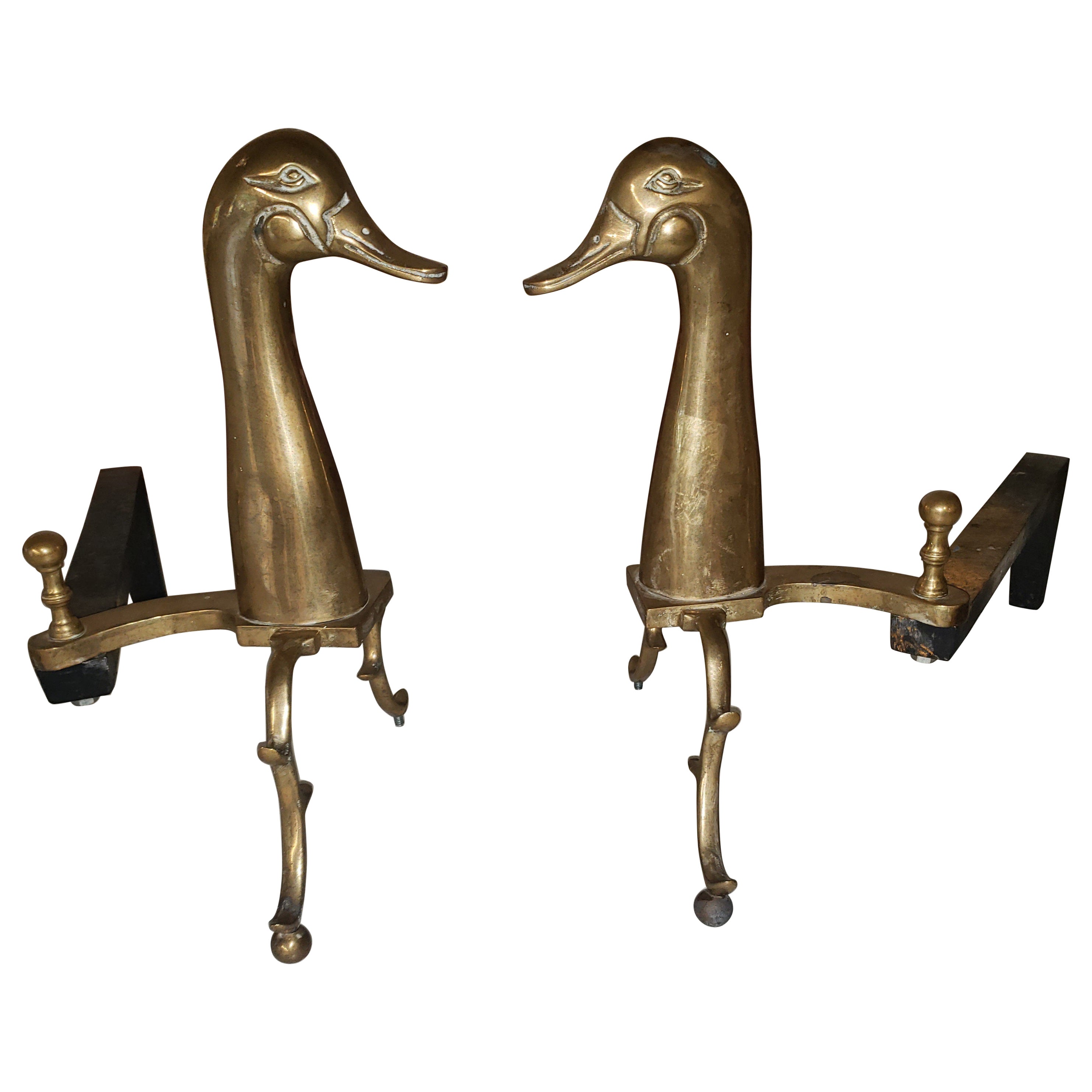 Pair of 1960s Brass and Iron Duck Andirons For Sale