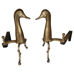 Pair of 1960s Brass and Iron Duck Andirons