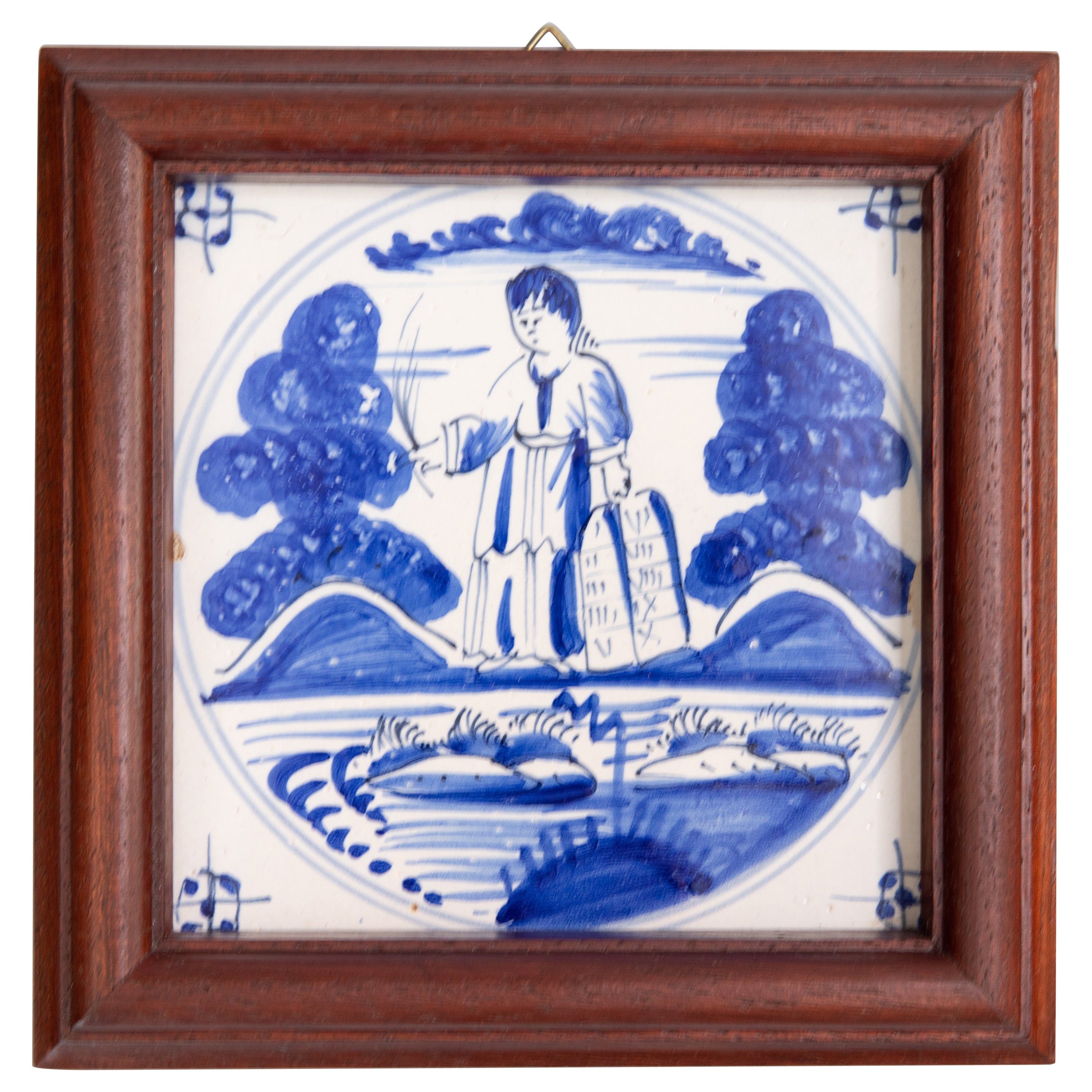 Antique 18th Century Dutch Delft Framed Biblical Tile For Sale