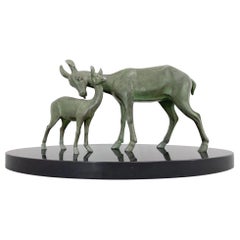 Large Art Deco Sculpture of a Roe Deer with Fawn
