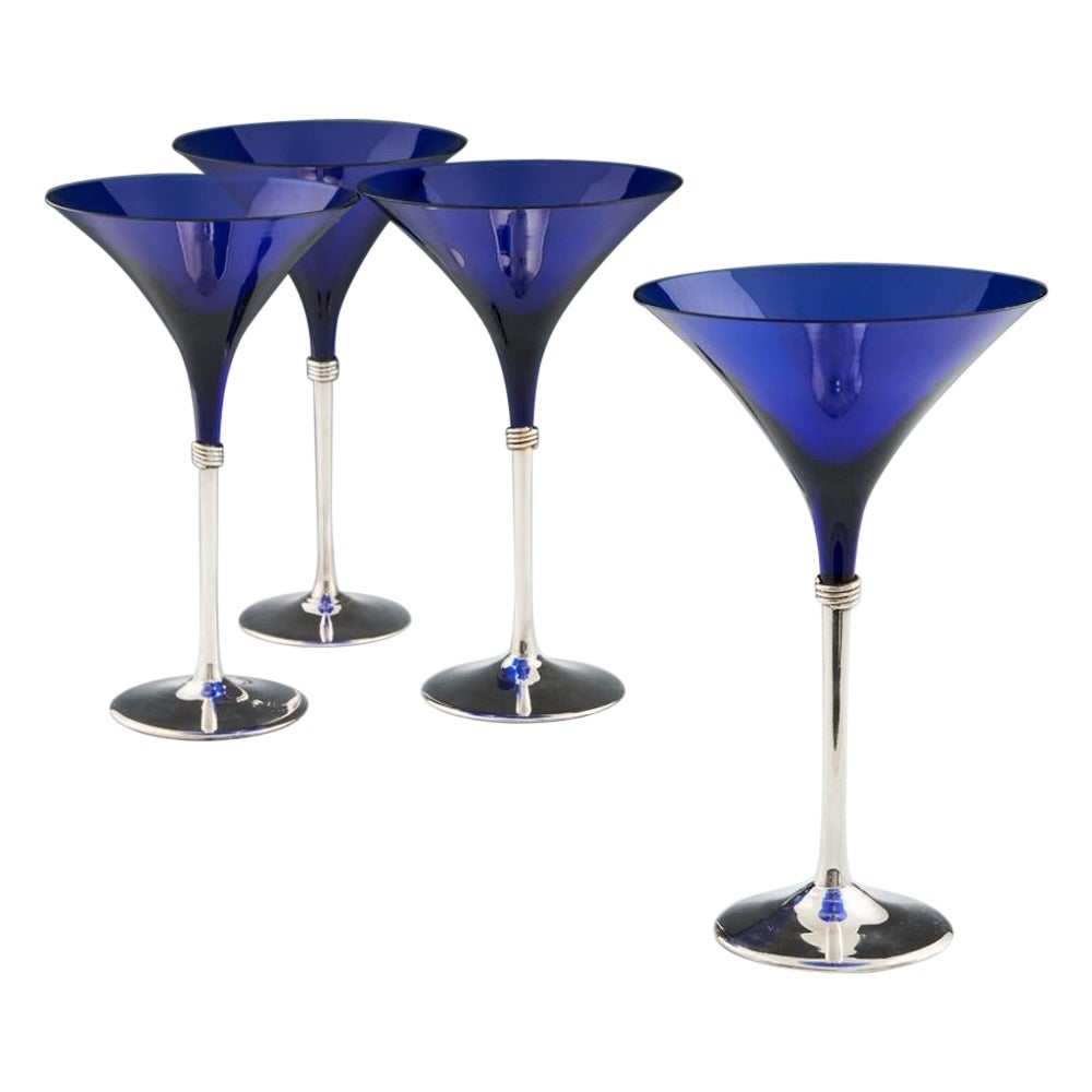 Vier gewölbte Cocktailgläser aus Glas und Sterlingsilber, 1991 im Angebot