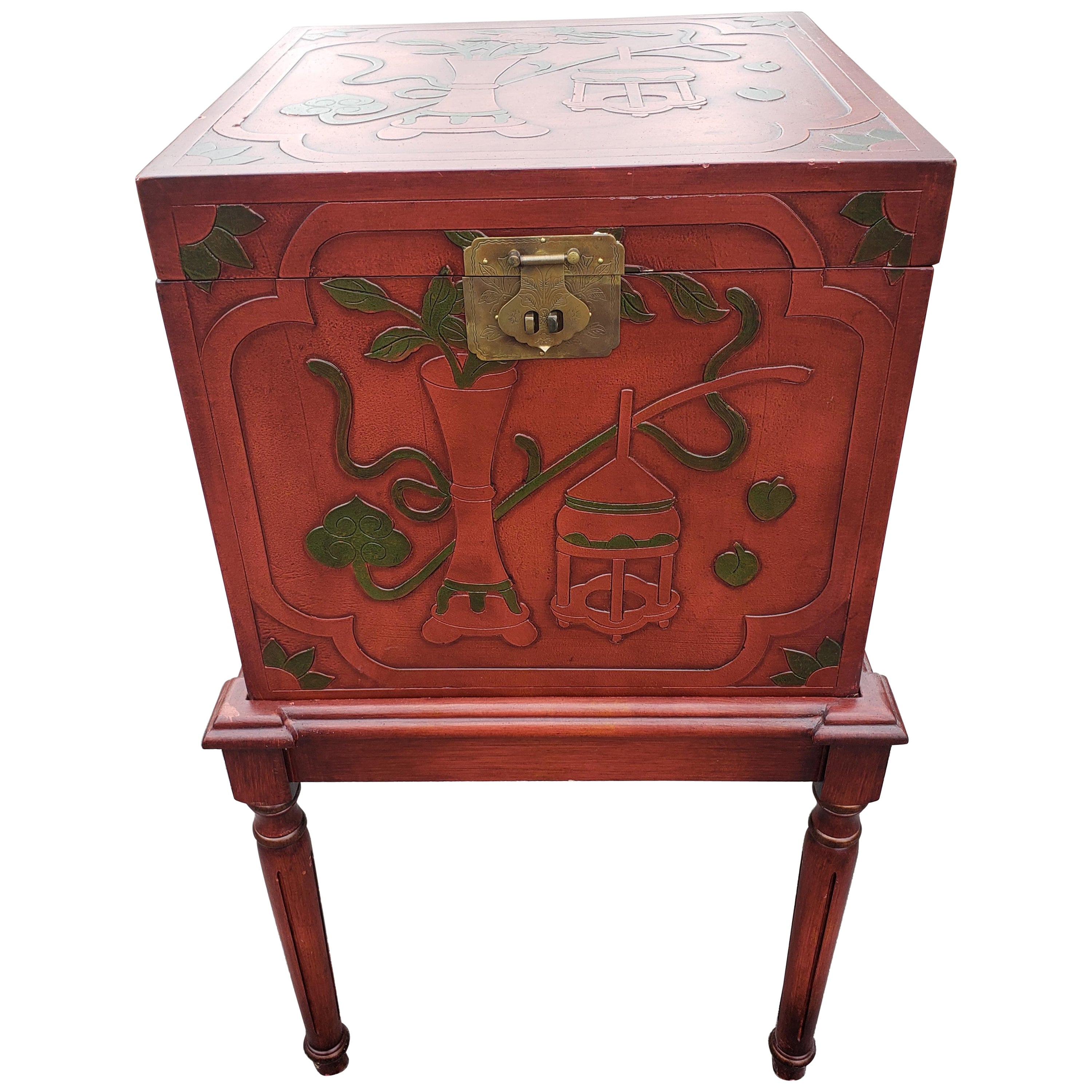 Contemporary Red Lacquered and Ornate Asian Storage and Filing Cabinet on Stand For Sale