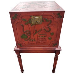 Antique Contemporary Red Lacquered and Ornate Asian Storage and Filing Cabinet on Stand