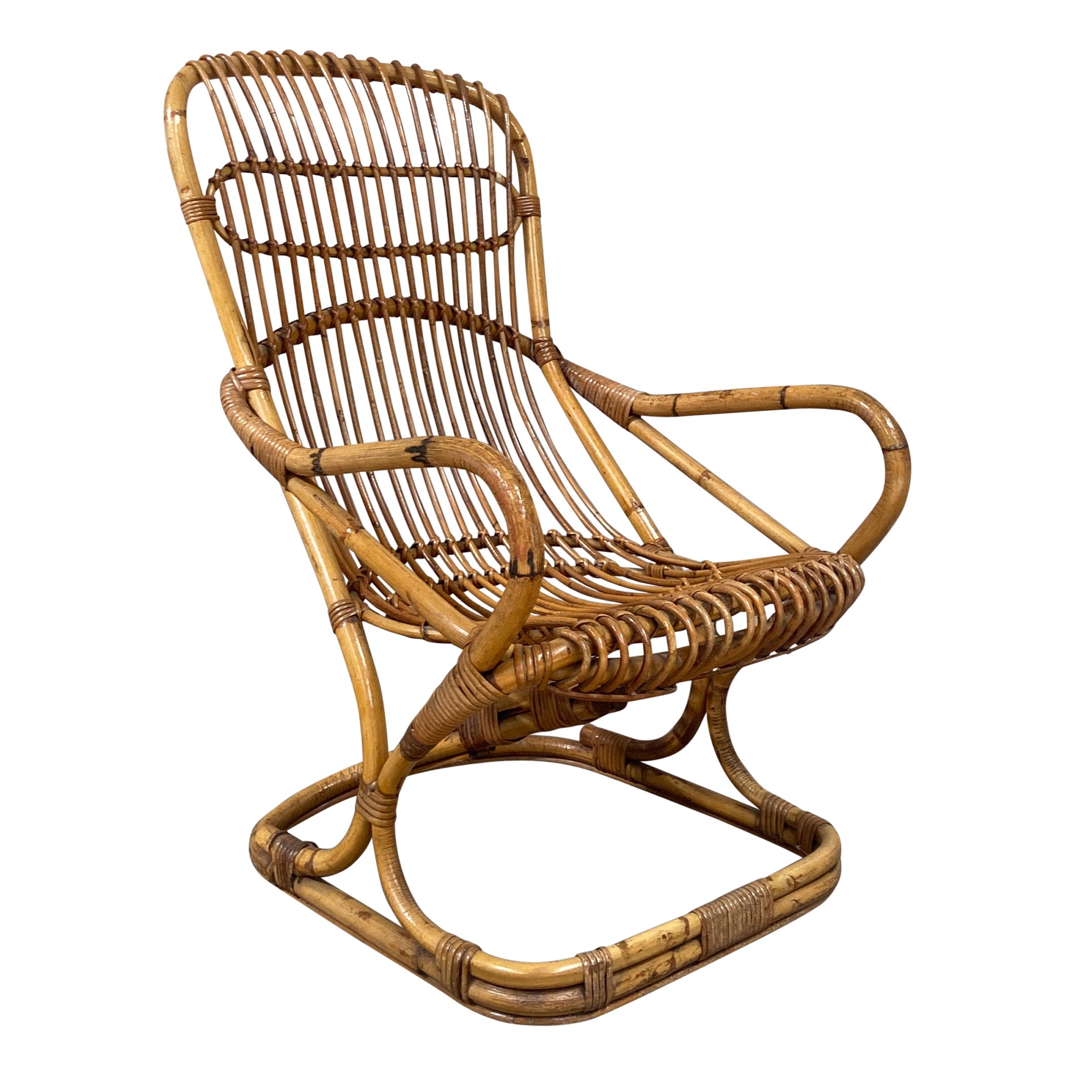 Mid-Century Modern Italian Rattan Armchair by Tito Agnoli for Bonacina. 1960s For Sale