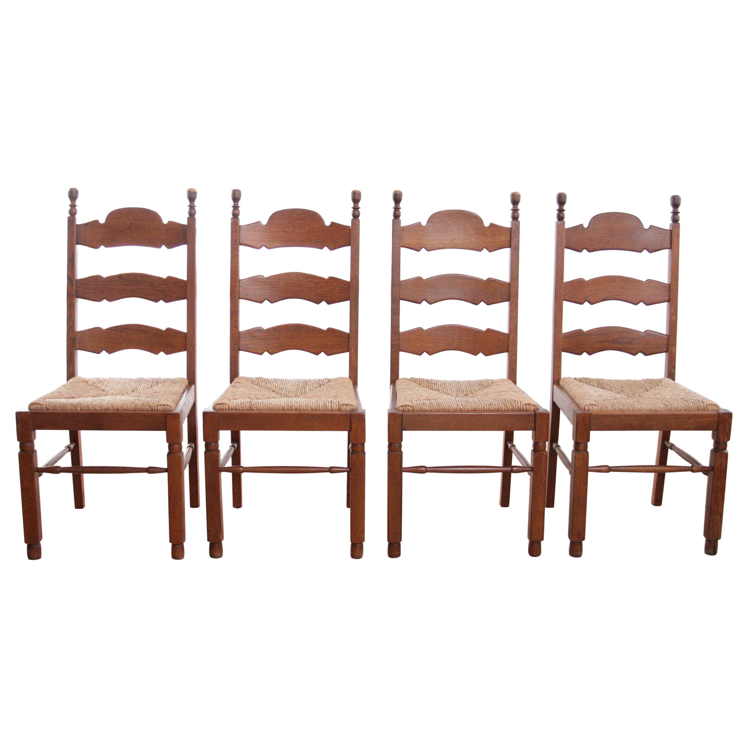 Set of Four Ladder Back Oak Rush Seat Dining Chairs