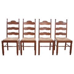 Antique  Set of Four Ladder Back Oak Rush Seat Dining Chairs