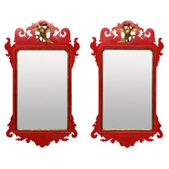 Pair Of English George II Style Scarlet Lacquered Mirrors