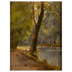 peinture à l'huile du 19ème siècle d'un paysage de forêt/ruisseau par Peder Mørk Mønsted